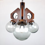 Mid-Century Modern Chandelier: 1970s Yugoslavia Wood, Glass, & Metal 3-Bulb Lamp