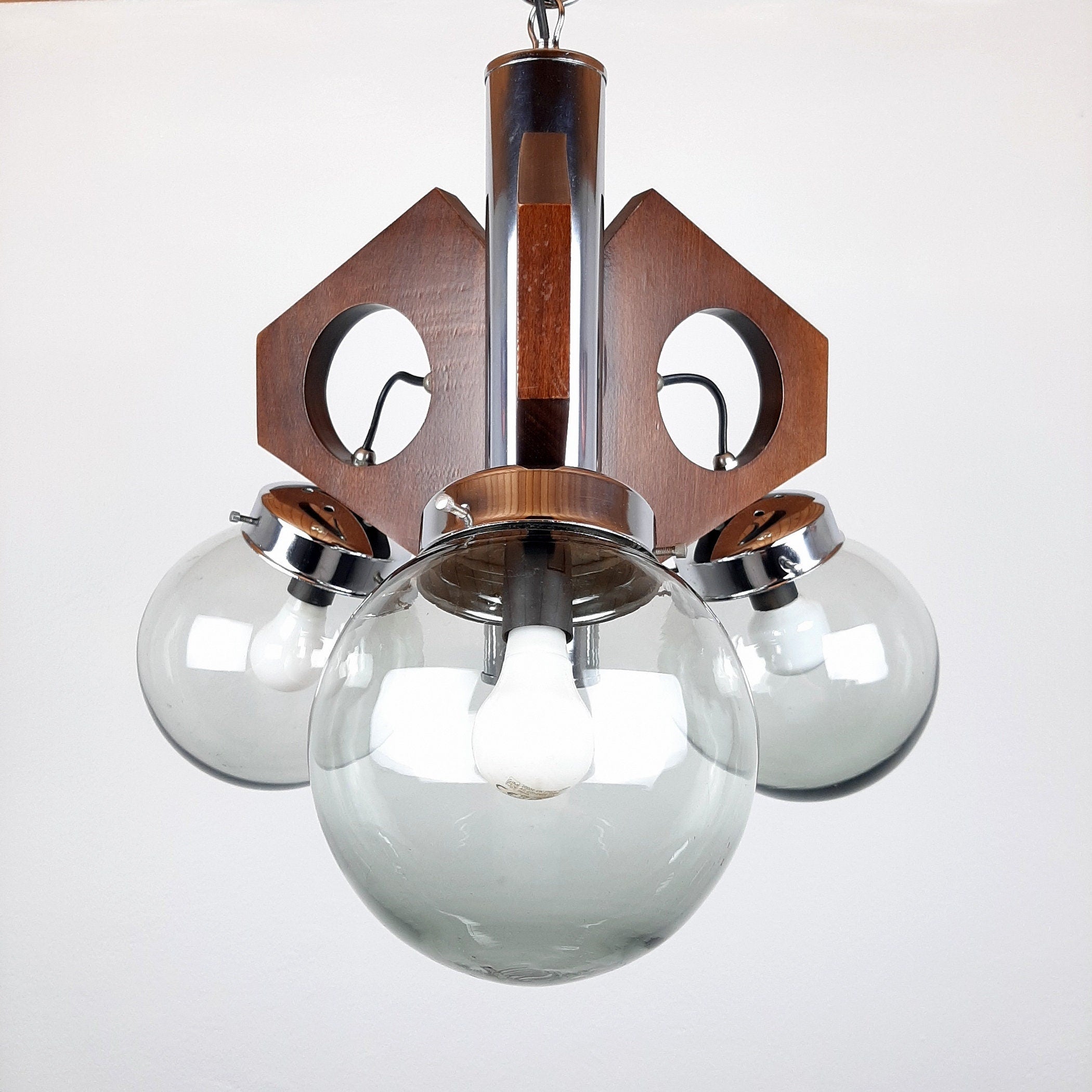 Mid-Century Modern Chandelier: 1970s Yugoslavia Wood, Glass, & Metal 3-Bulb Lamp