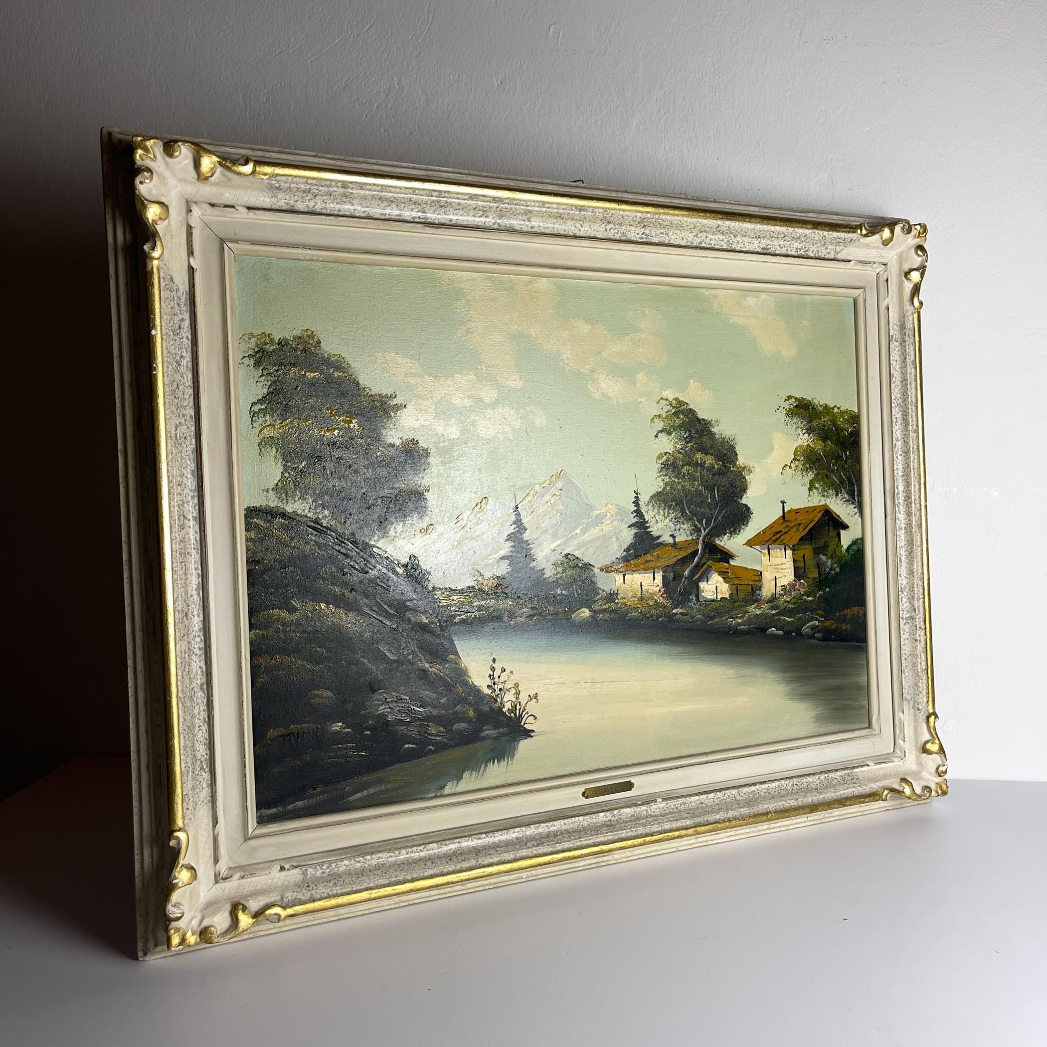Original Large Landscape Oil Painting by G. Taverna (1814-1878), Signed, Swiss, the 19century, Vintage Art