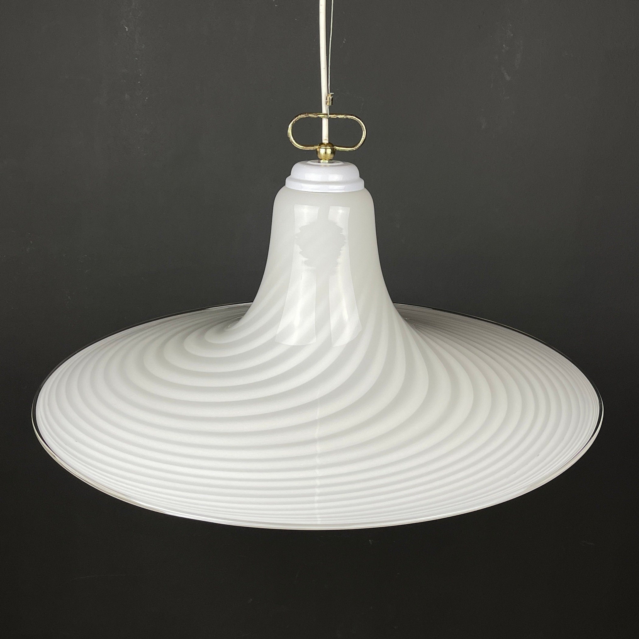 Vintage Murano Glass Pendant Lamp: Swirl White Mid-Century Lighting