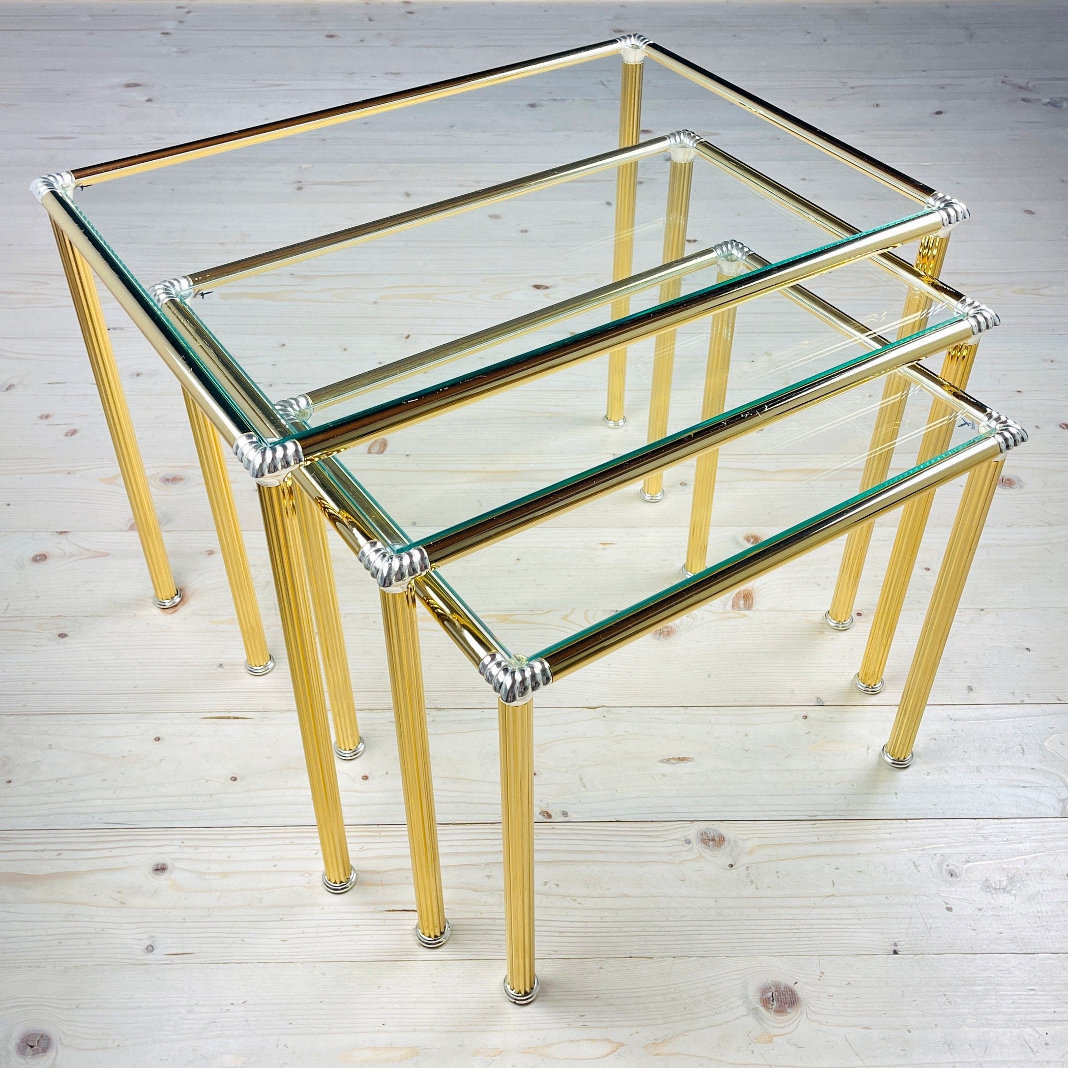 Vintage golden coffee table Italy 1970s Set of 3 Mid-century italian modern furniture