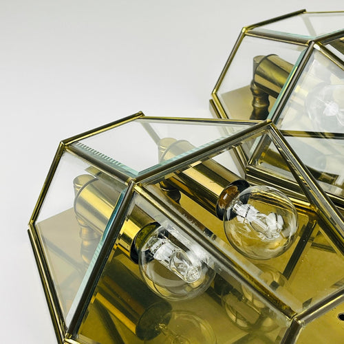 Hexagonal Gold Brass and Crystal Sconces, 1960s, Set of 2, Vintage home decor