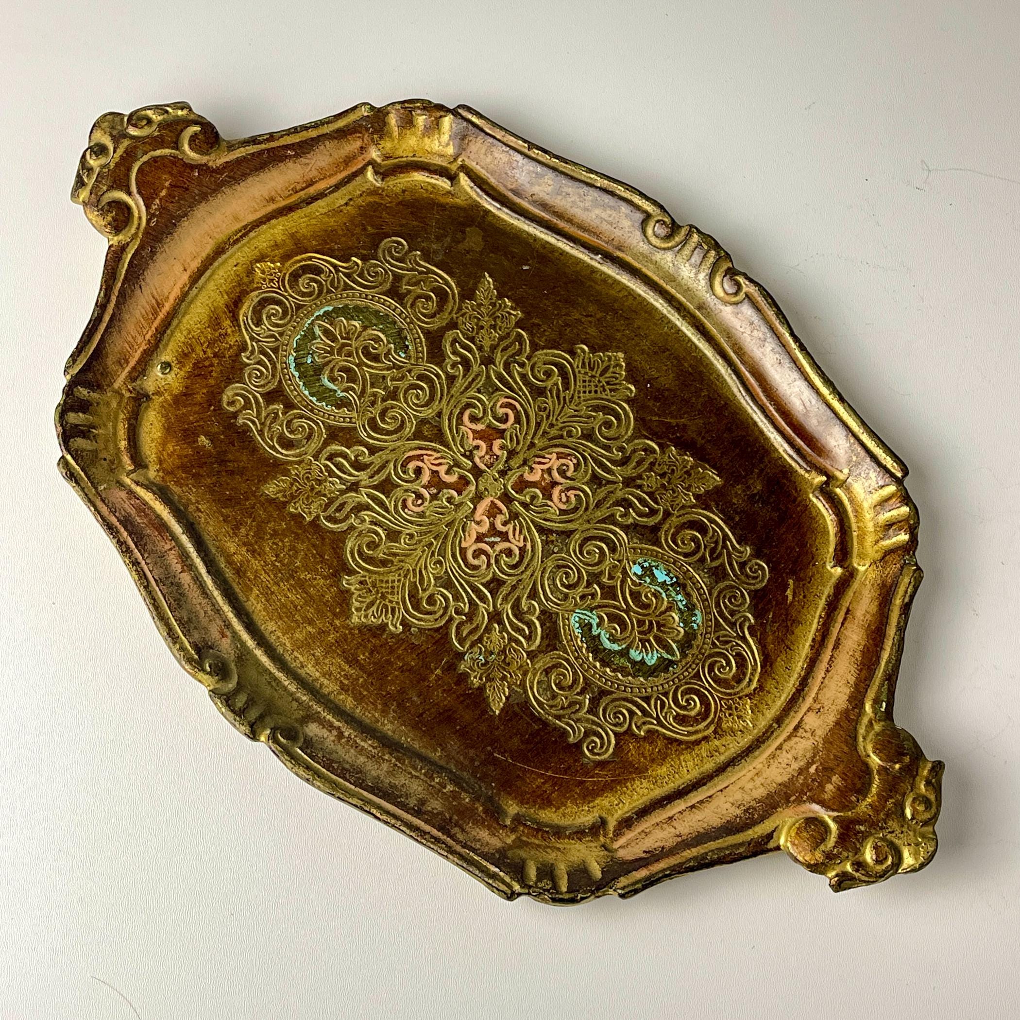 Vintage Small Wooden Florentine Gilt Tray, Italy 1950s