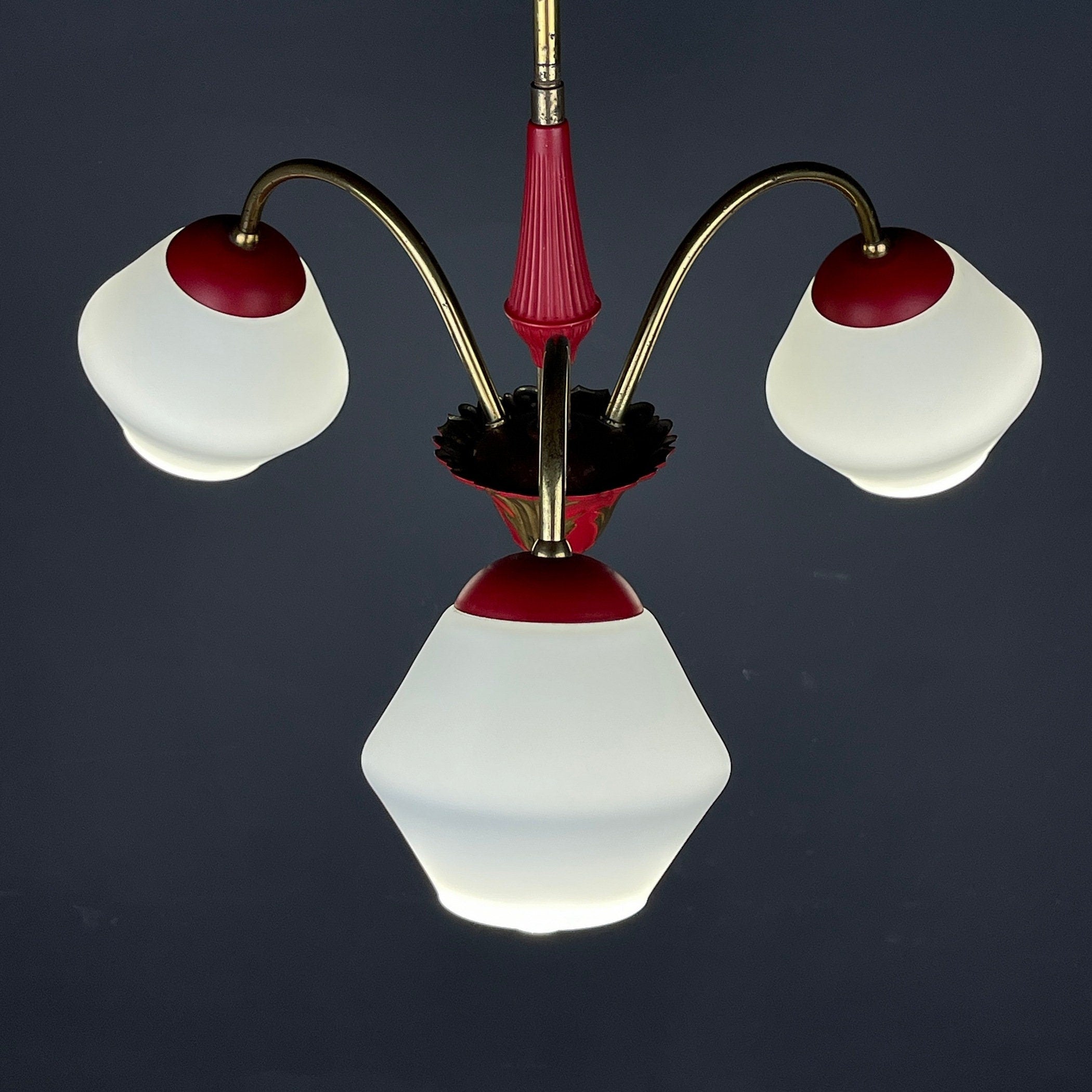 Vintage Italian Brass and Milky Glass 3-Arm Chandelier - 1950s Classic Design