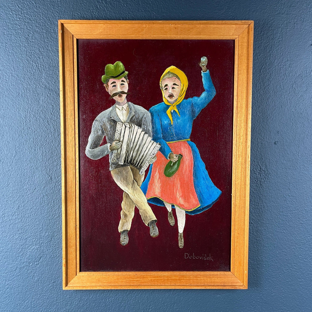 Vintage Folk Art Oil Painting Diptych: Yugoslavia Naive Art, 1970s