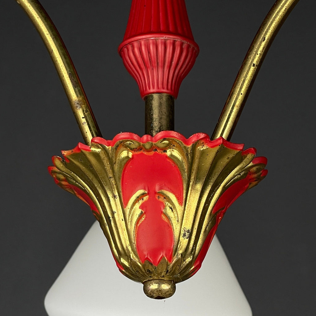 Vintage Italian Brass and Milky Glass 3-Arm Chandelier - 1950s Classic Design