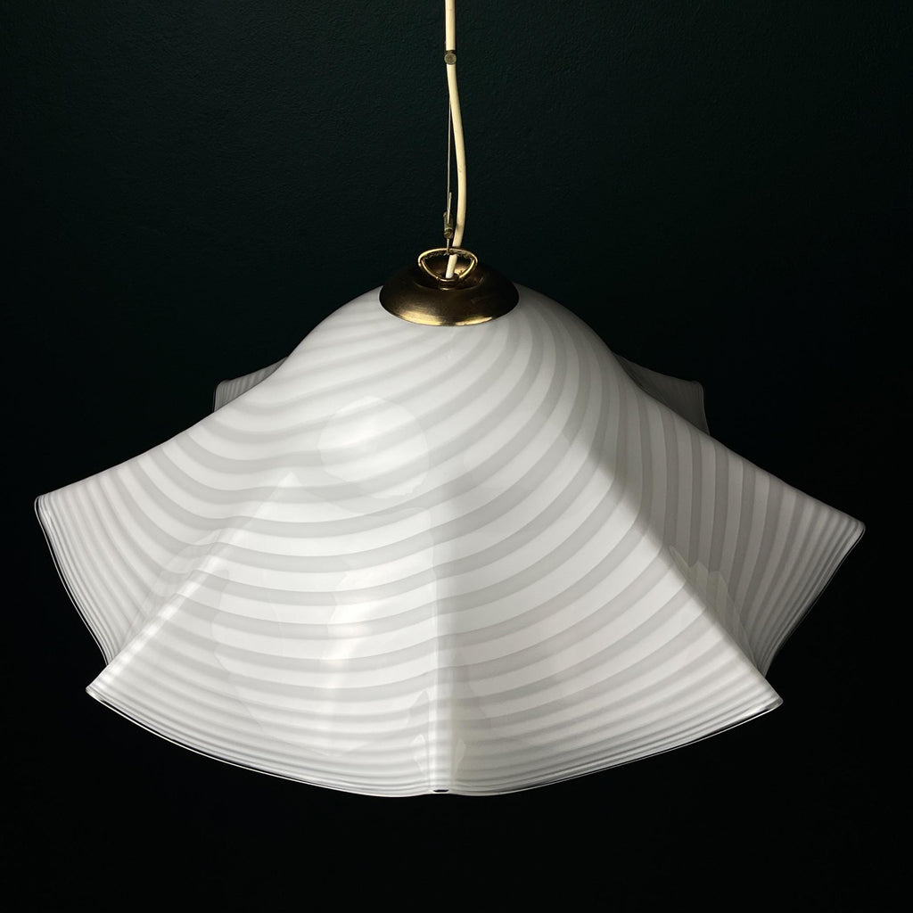 Vintage swirl white Murano glass pendant lamp, Italy 1970s