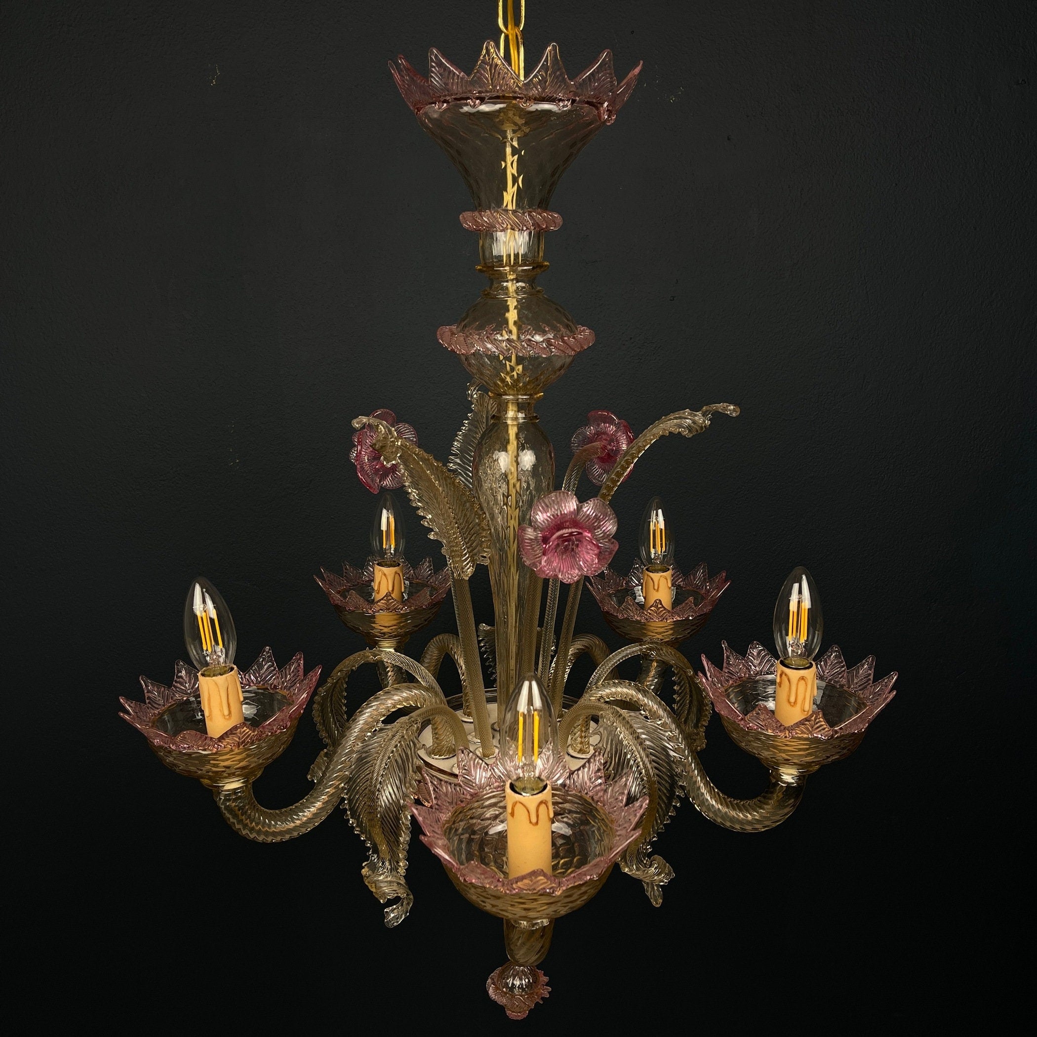 Murano chandelier Italy 1980s Pink and clear Italian home decor