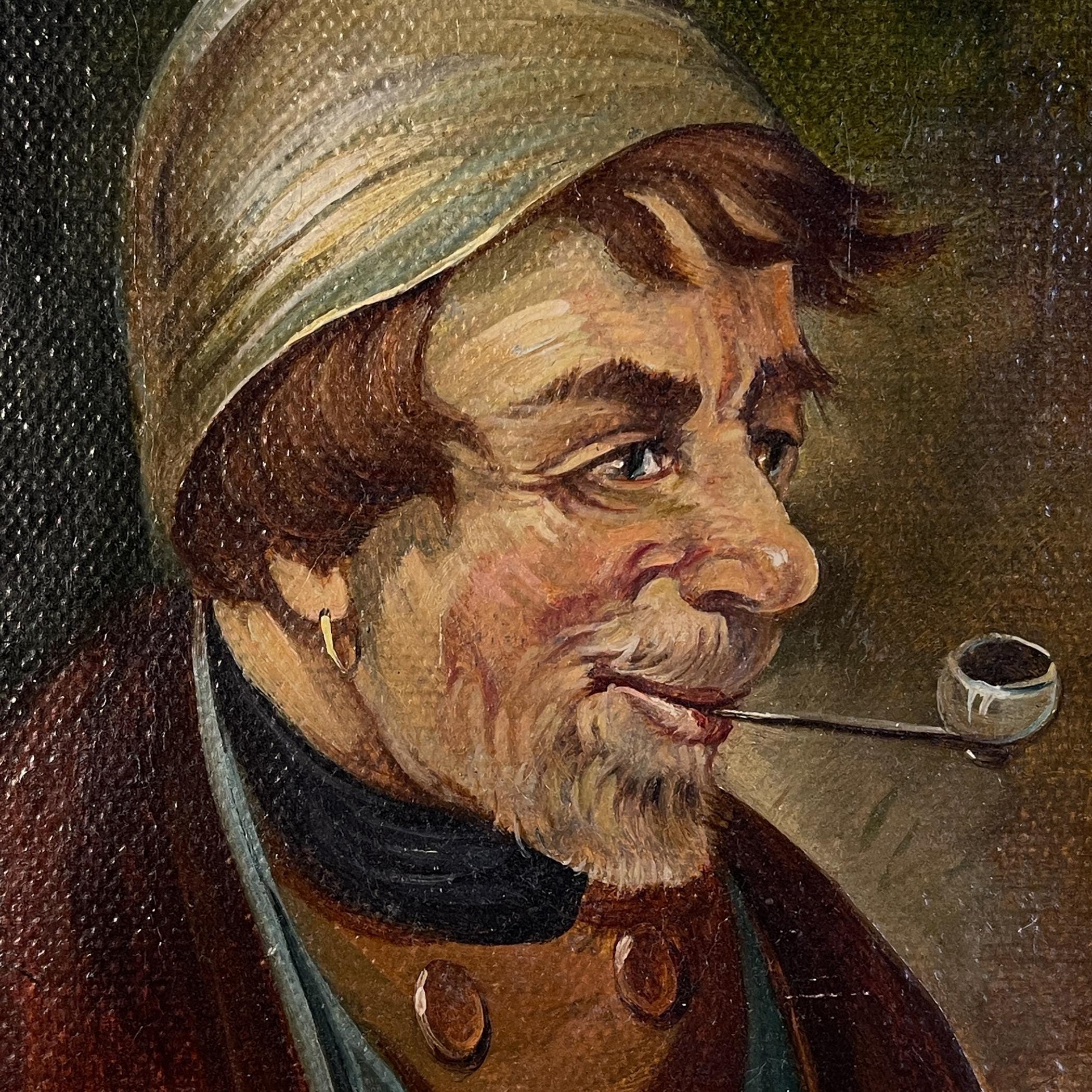 Antique painting Portrait "Man in a nightcap with a pipe" by G. Schill, canvas, oil, 1930s