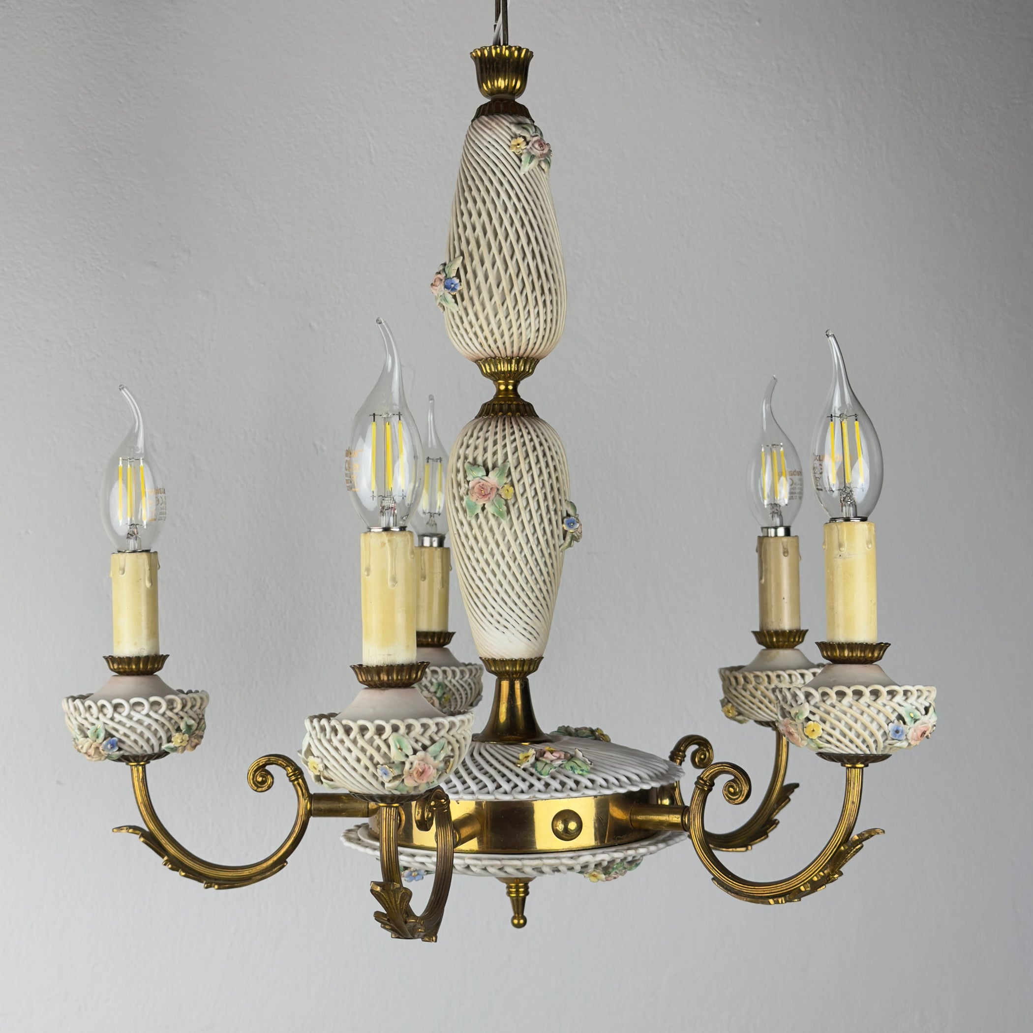 Vintage Art Nouveau Capodimonte Chandelier: Floral Porcelain Lamp, 1930s