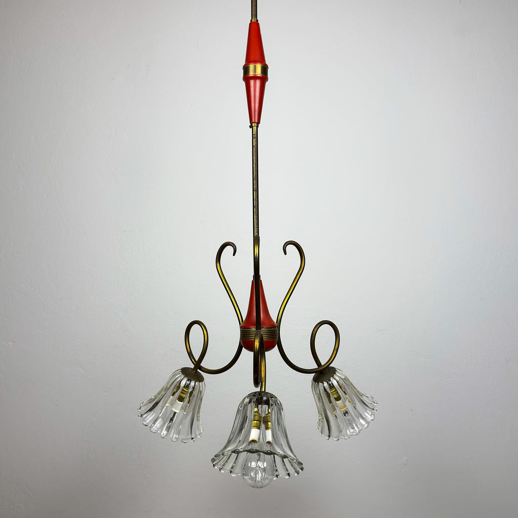 Vintage murano glass and brass chandelier, Italy 1950s