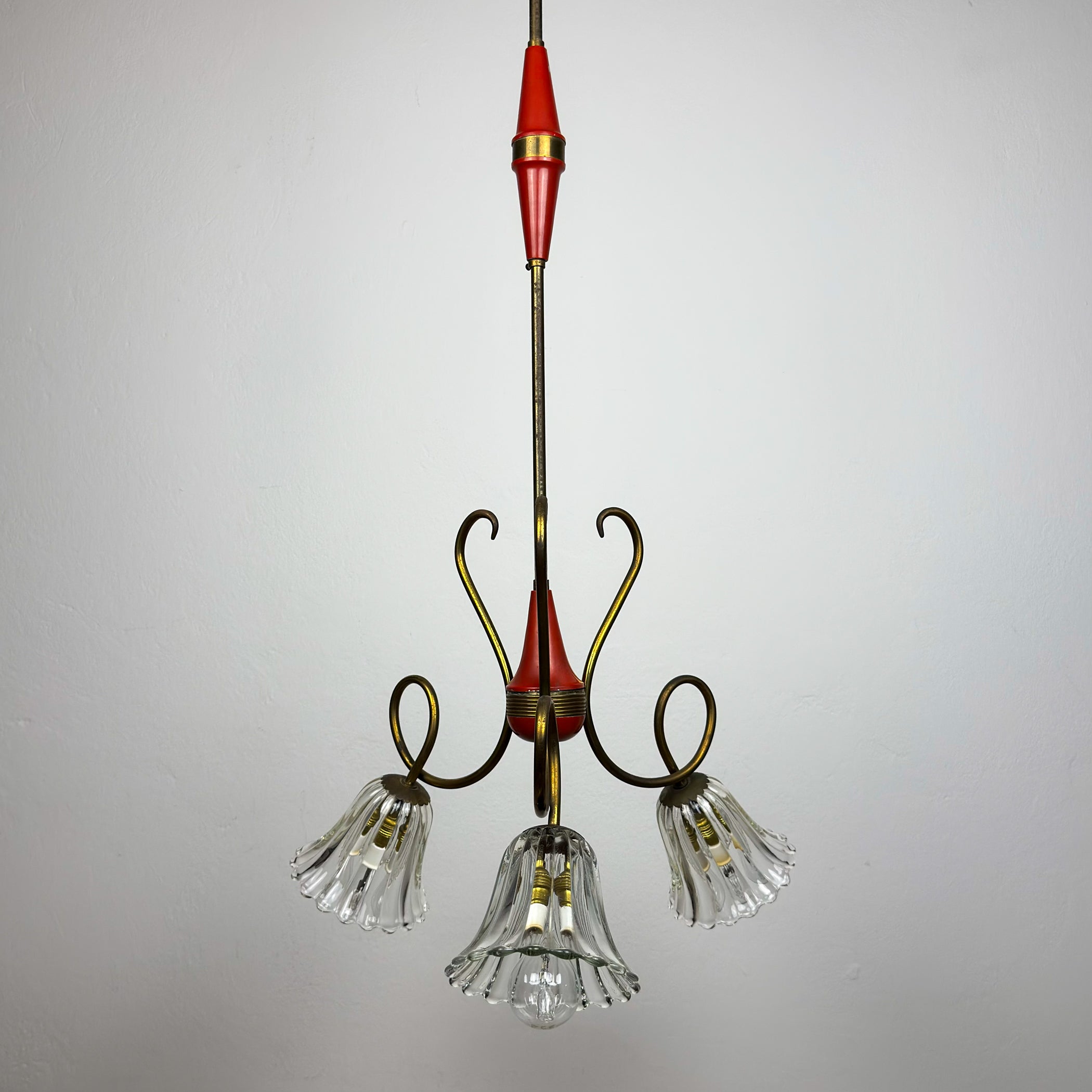 Vintage murano glass and brass chandelier, Italy 1950s