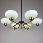 Mid-Century Stilnovo Chandelier with Brass and Opaline Glass, Italy 1970s