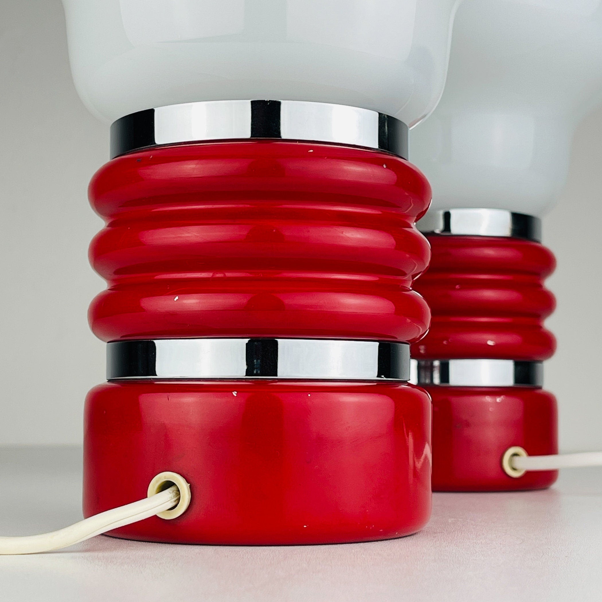 Vintage Enrico Tronconi Bulb Lamps: Red Enamel & Opaline Glass, Set of 2