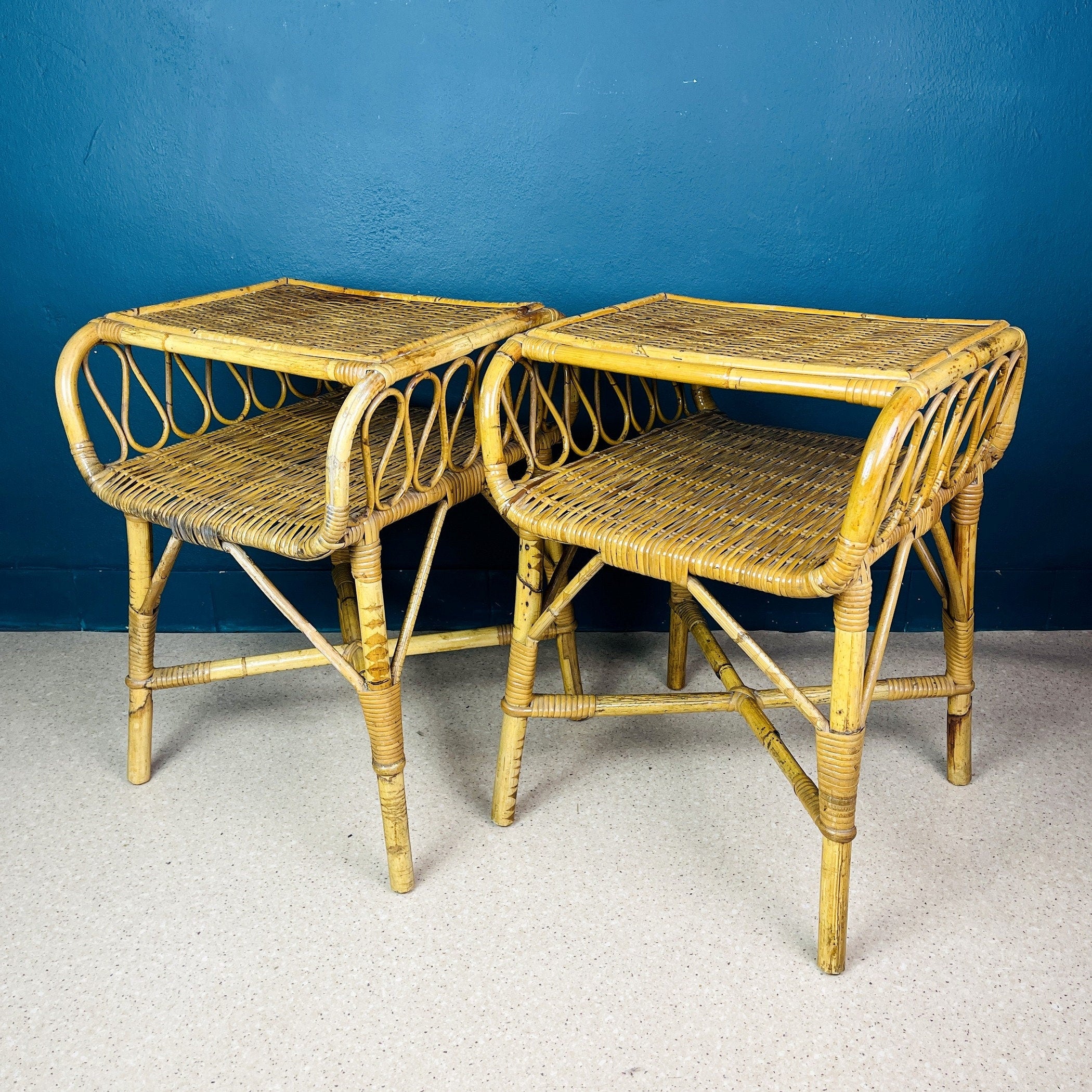 Pair of Vintage bamboo nightstands bedside tables Italy 1960s end table night side furniture modern tiki boho chic bohemian rattan wicker