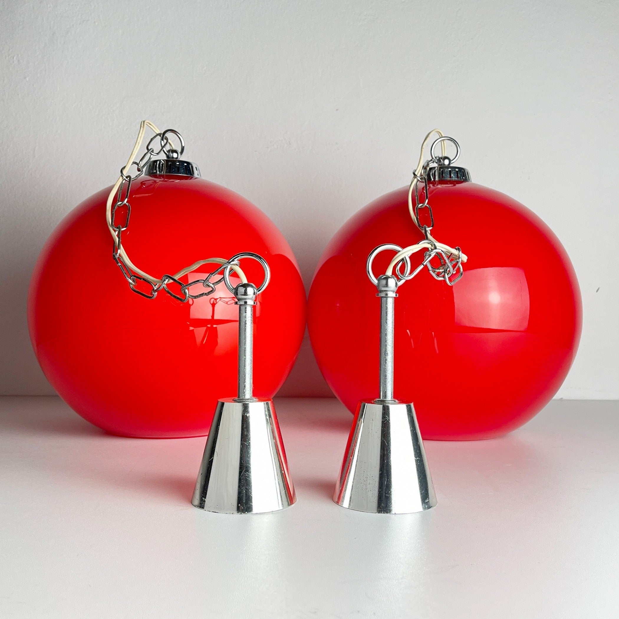 Vintage Red Glass Pendant Lamp: Mid Century Modern Lighting, Yugoslavia 1980s