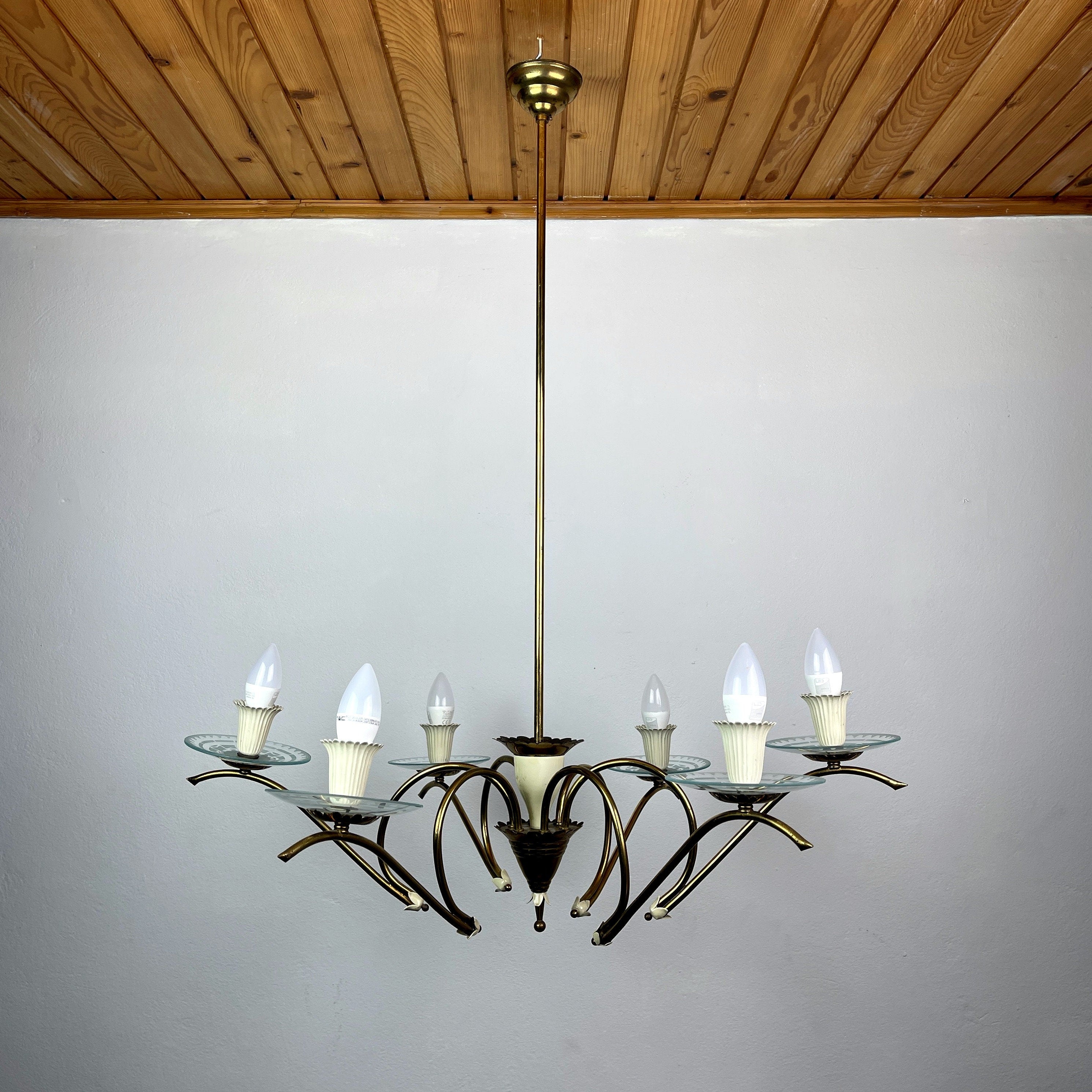Mid-Century Fontana Arte Chandelier: Brass & Glass, Pietro Chiesa, 1940s