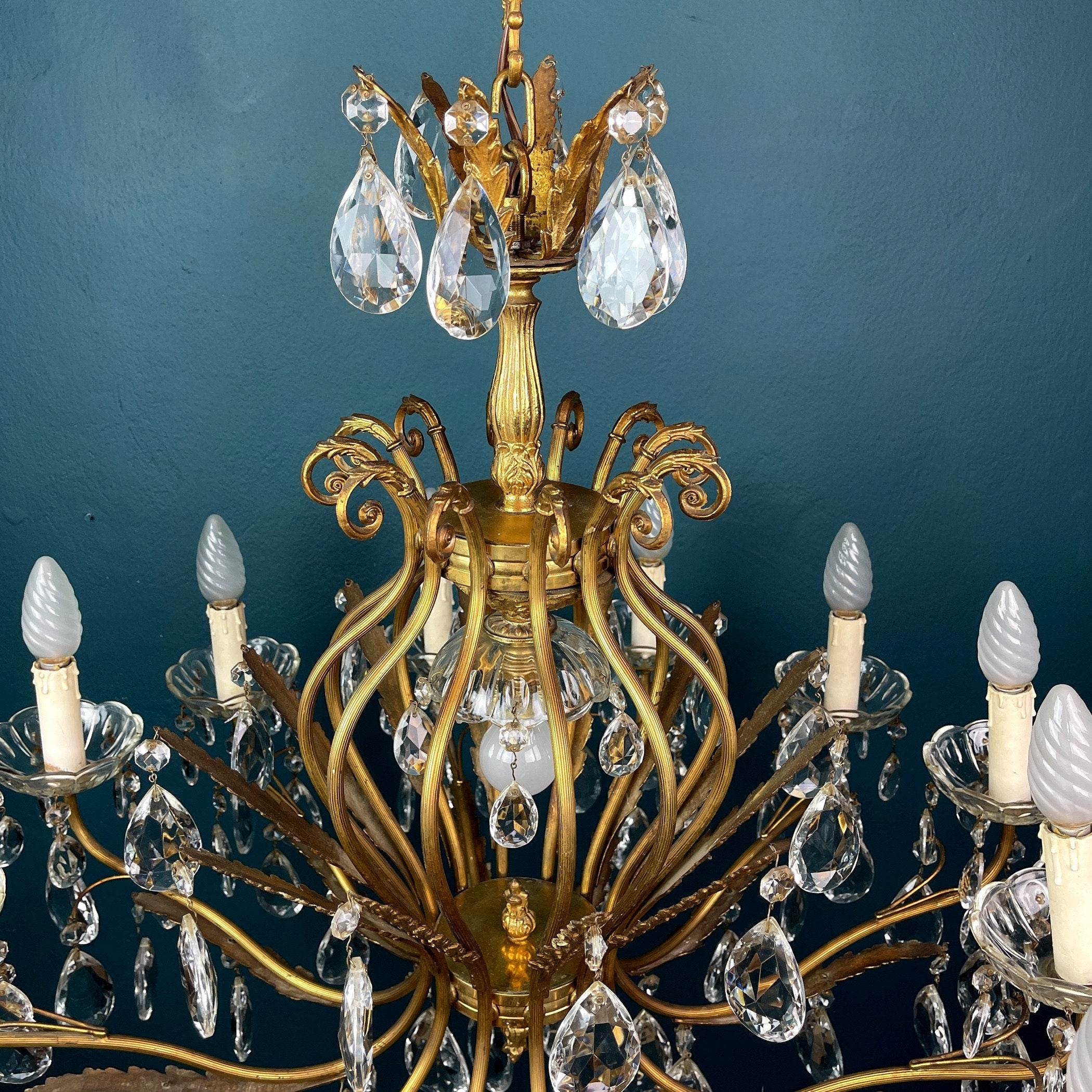 XL Vintage Crystal Chandelier: 1950s Italian Hollywood Regency Brass Lamp
