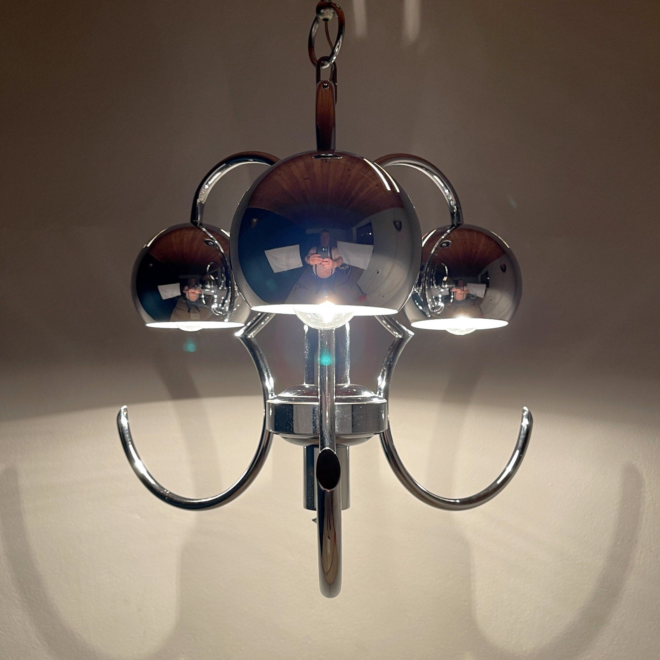 Vintage Italian Eyeball Pendant Lamp: Chrome Space Age Lighting, 1970s