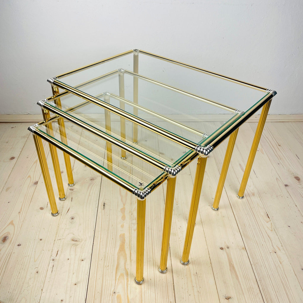 Vintage golden coffee table Italy 1970s Set of 3 Mid-century italian modern furniture