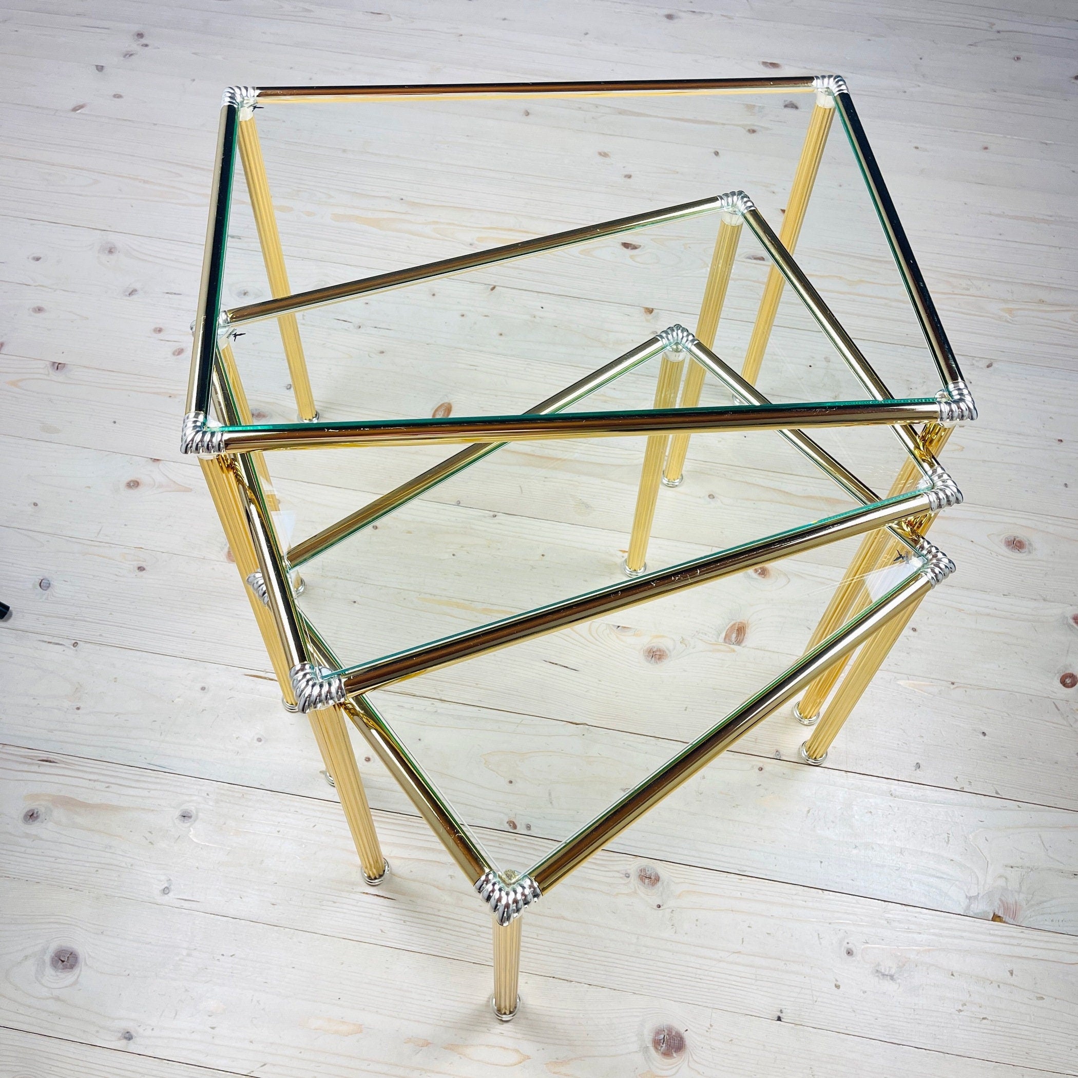 Vintage golden coffee table Italy 1970s Set of 3 Mid-century italian modern furniture