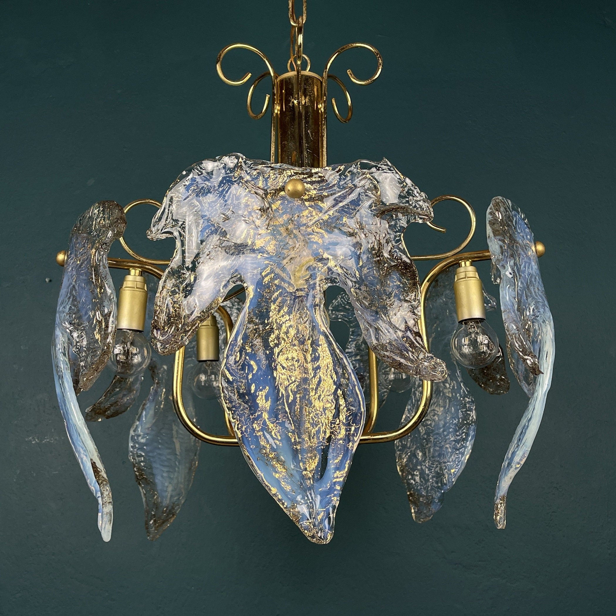 Vintage Murano Ice glass chandelier Italy 1970s Mid-century modern italian lighting