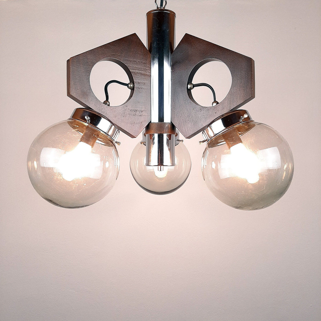 Mid-Century Modern Chandelier: 1970s Yugoslavia Wood, Glass, & Metal 3-Bulb Lamp