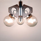 Mid-Century Modern Chandelier: 1970s Yugoslavia Wood, Glass, & Metal 3-Bulb Lamp