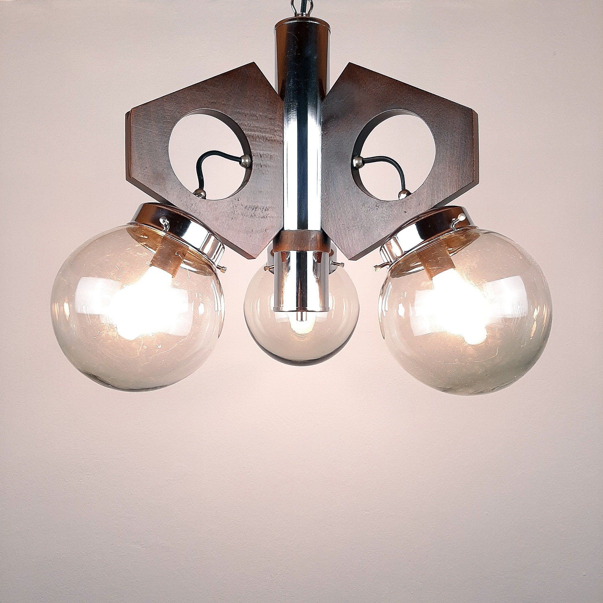 Mid-Century Modern Chandelier: 1970s Yugoslavia Wood, Glass, & Metal 3-Bulb Lamp