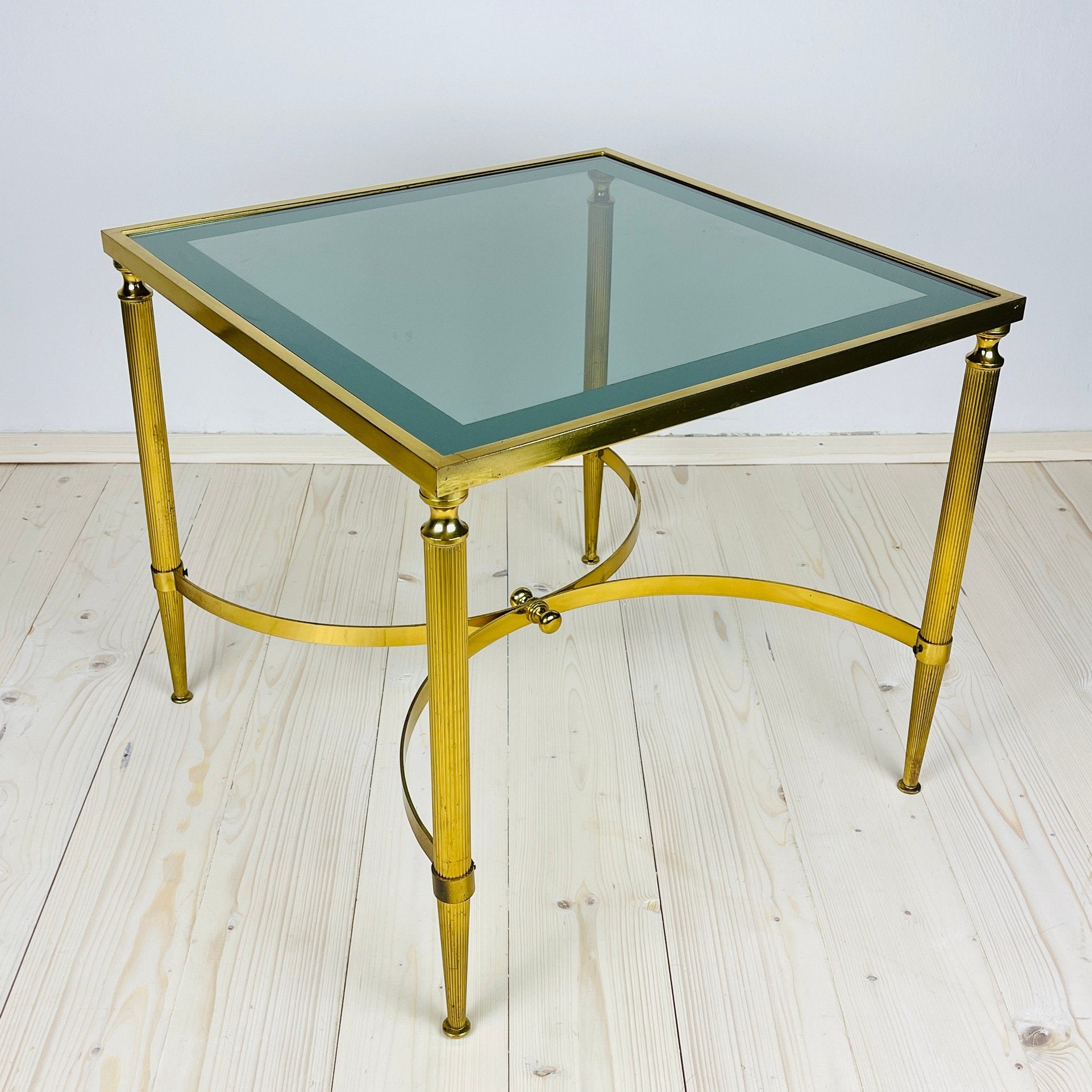 Vintage Smoked Glass & Brass Side Table: Italian Art Deco 1970s