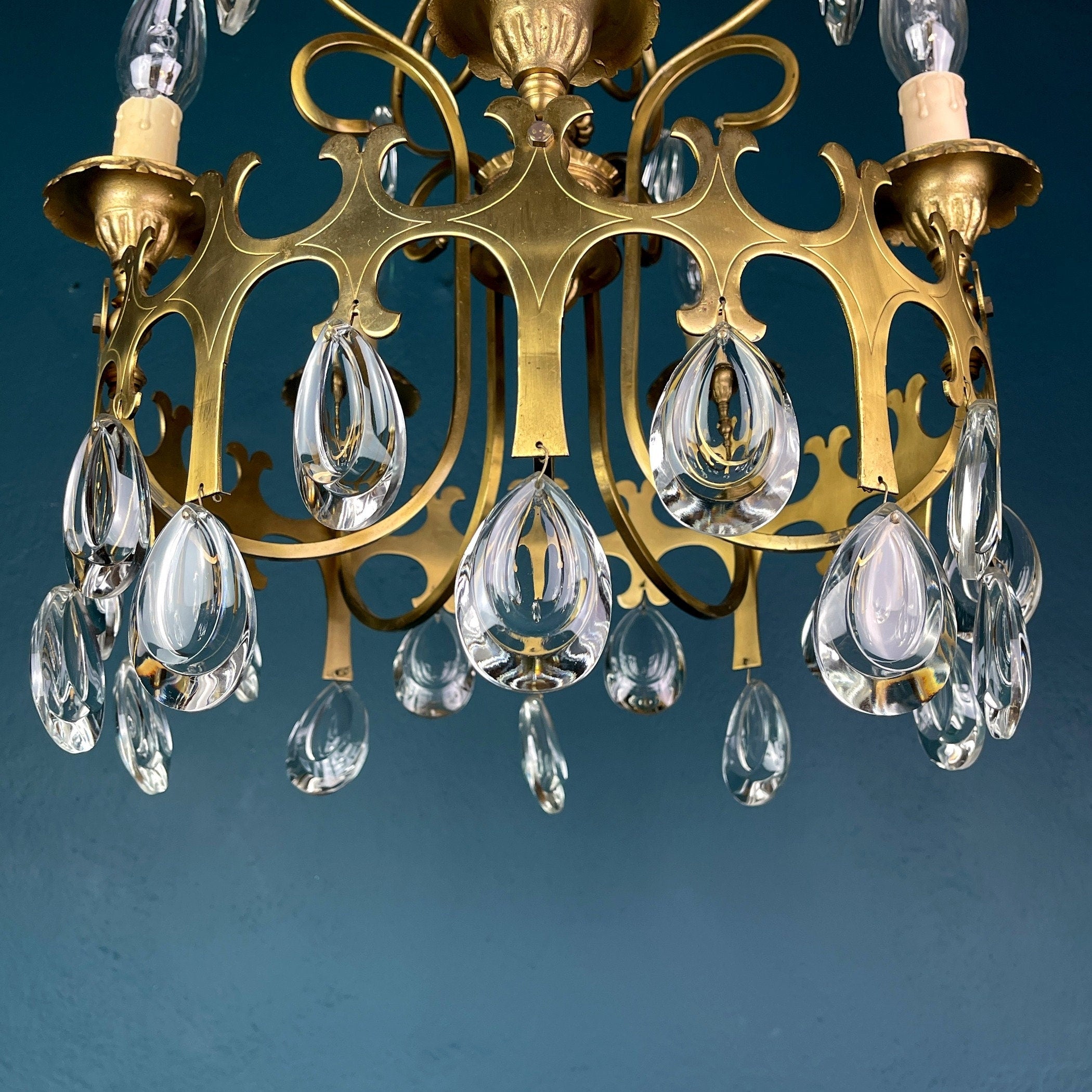 Vintage Italian Chandelier: 1960s Bronze 5-Arm Crystal Drop Light