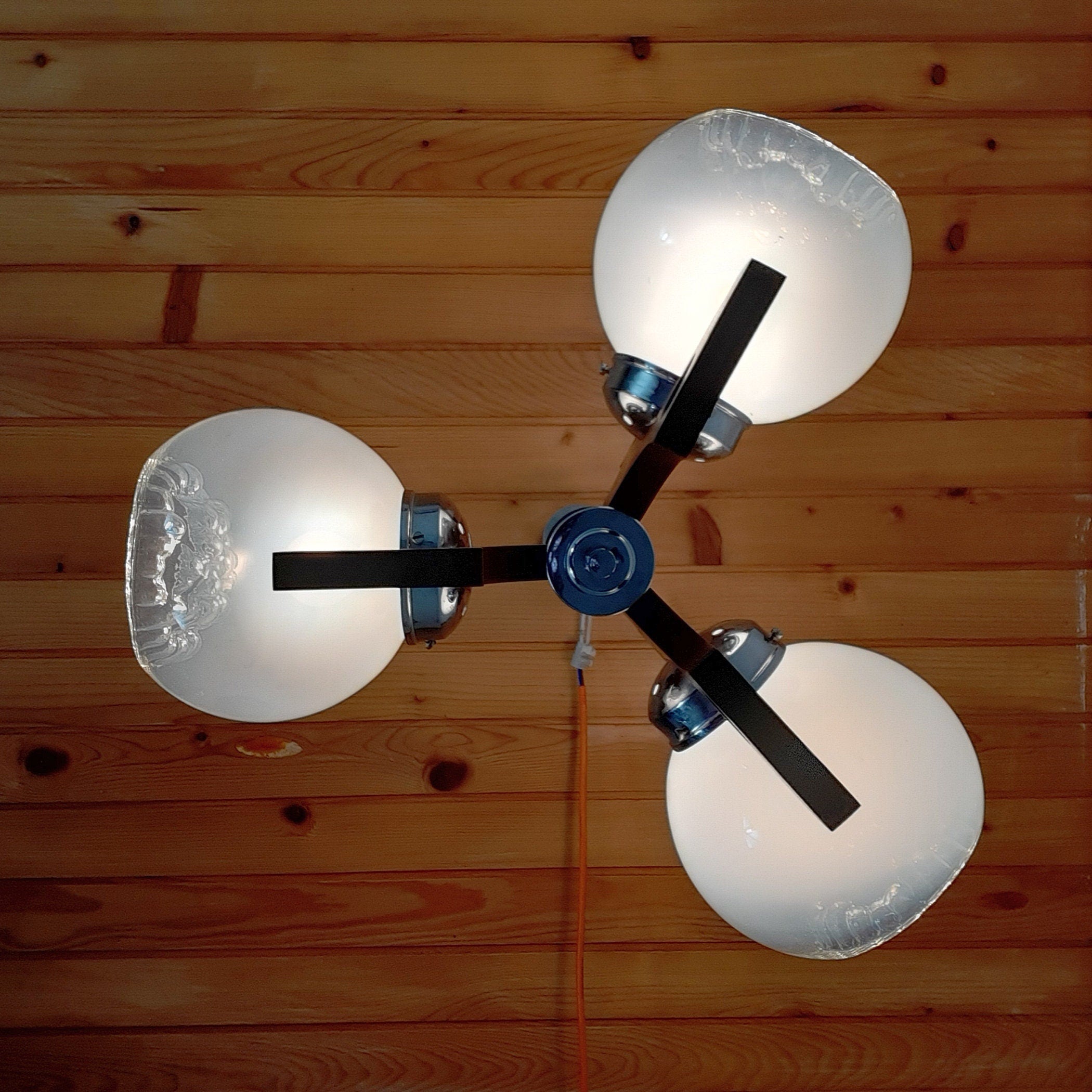 Retro Wood & Glass Chandelier: 70s Geometric Pendant Lamp