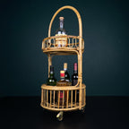 Vintage bamboo & rattan round service bar cart, Italy 1960s