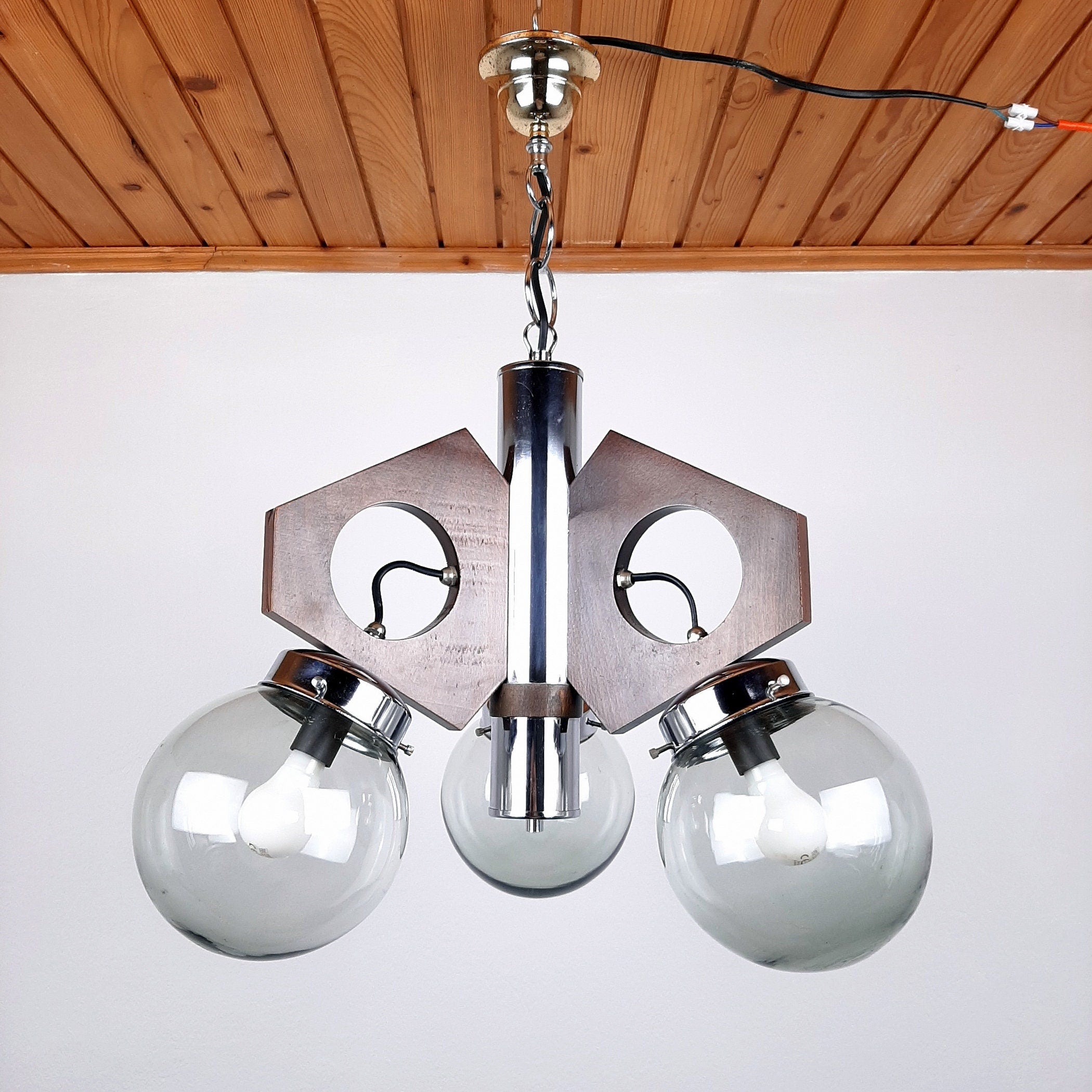 Mid-Century Modern Chandelier: 1970s Yugoslavia Wood, Glass, & Metal 3-Bulb Lamp
