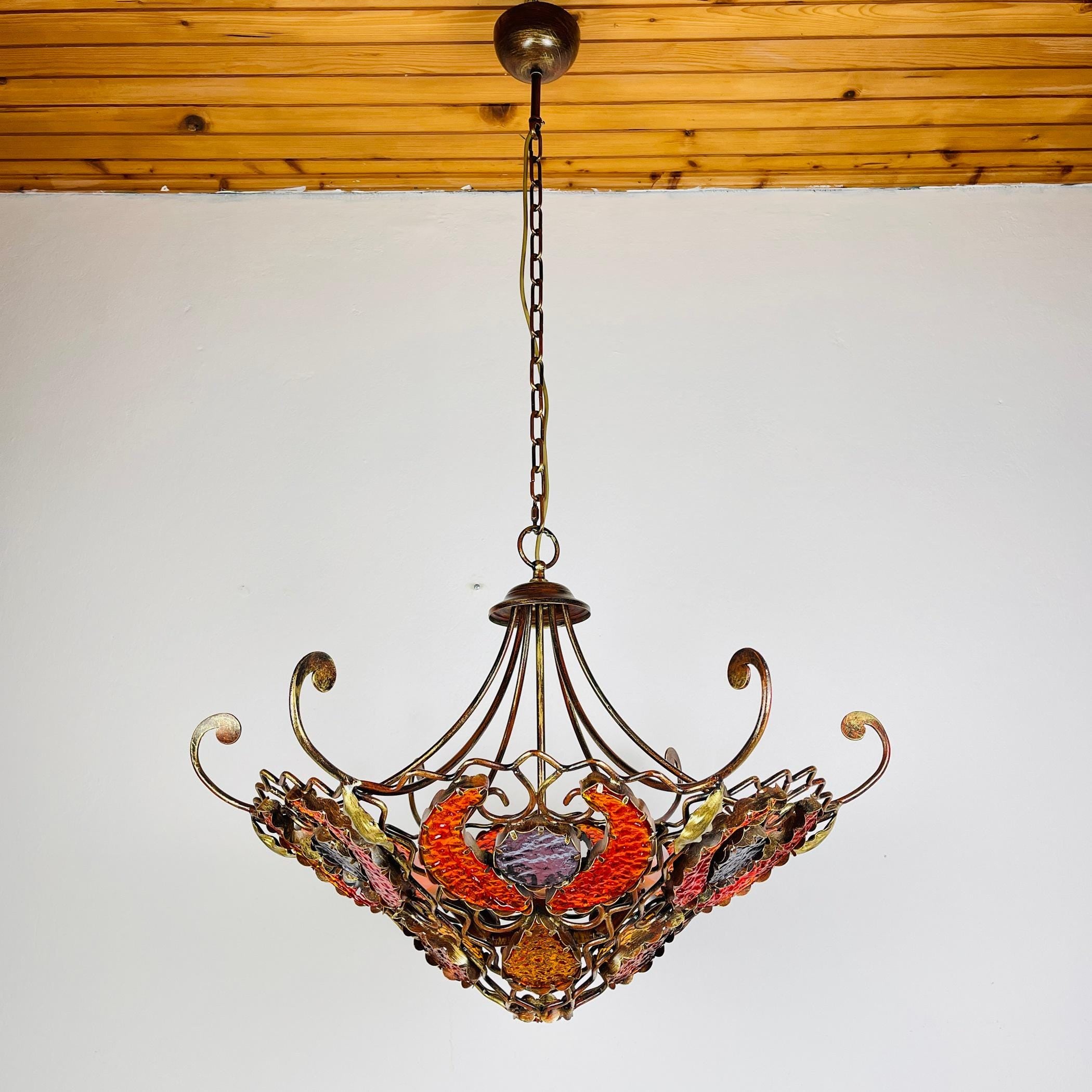 Vintage Metal and murano glass chandelier by MM Lampadari Italy 1990s
