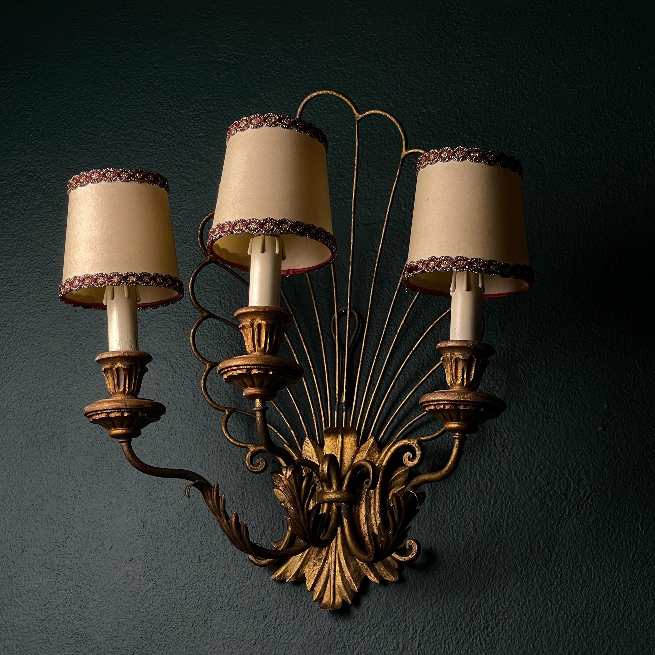 Antique bronze wall lamp 3 arm, Italy 1930s, Vintage home decor