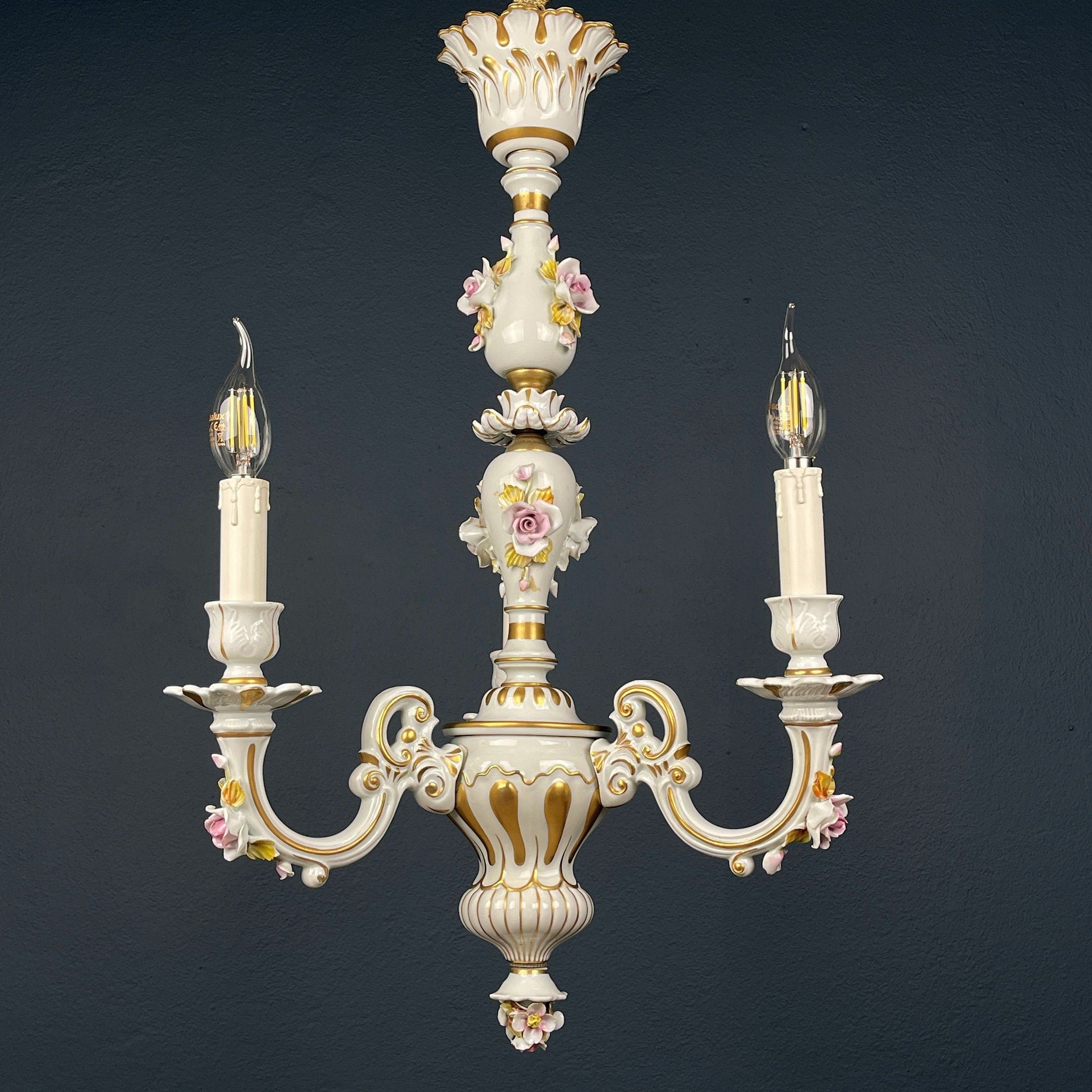 Vintage Capodimonte porcelain chandelier Italy 1940s  3 arm Baroque, Shabby chic design