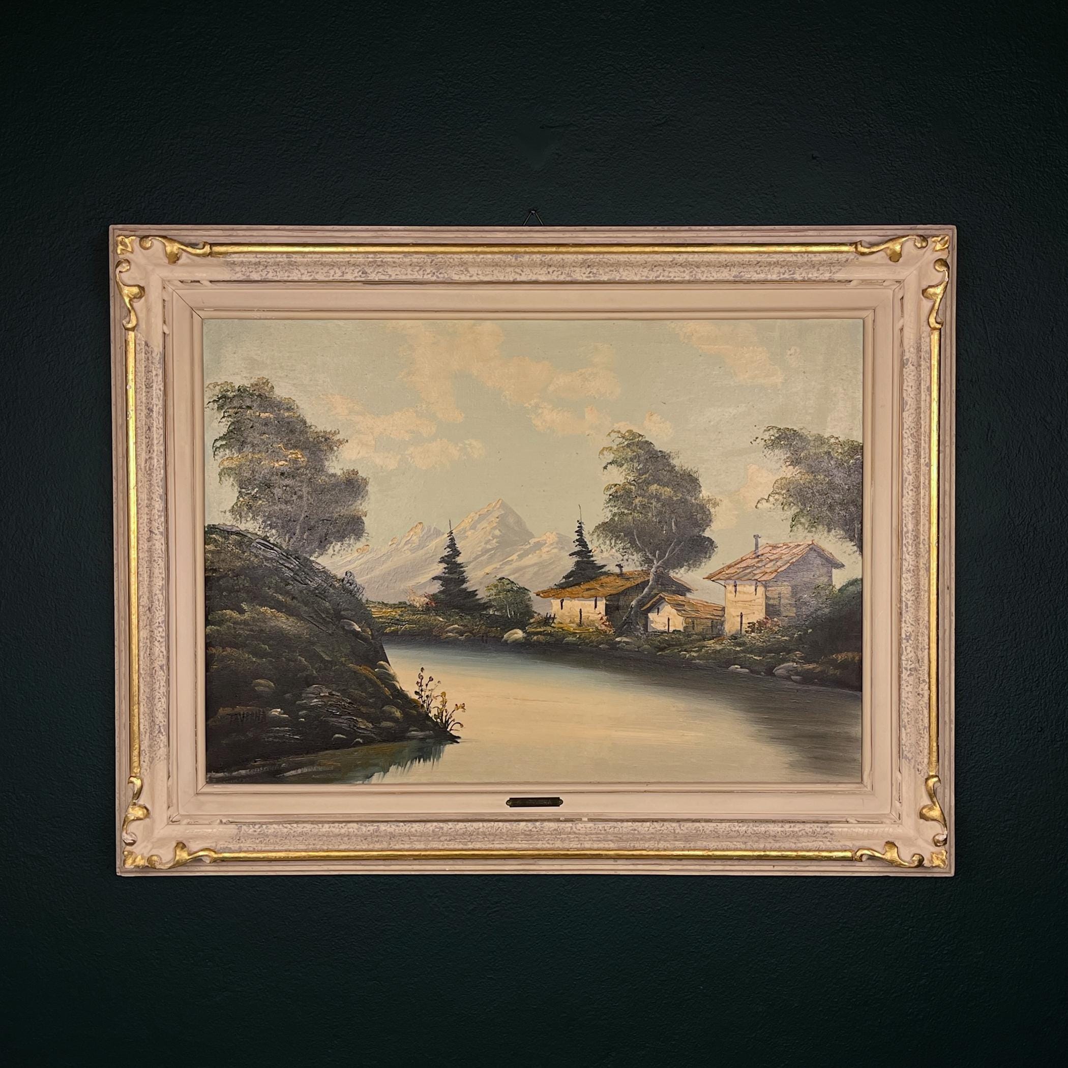 Original Large Landscape Oil Painting by G. Taverna (1814-1878), Signed, Swiss, the 19century, Vintage Art