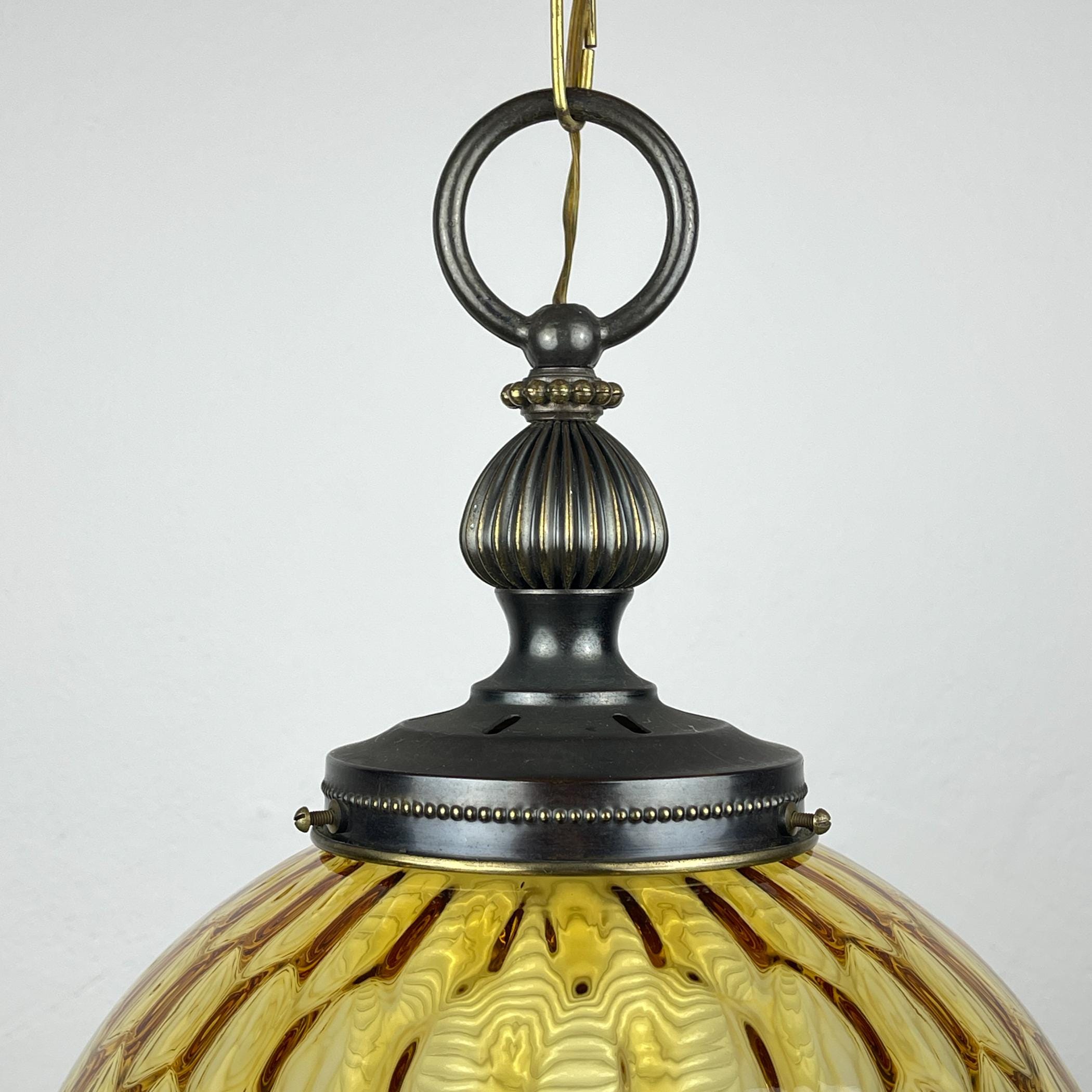 Vintage yelllow murano sphere ball pendant lamp Italy 1970s, Mid-century italian lighting