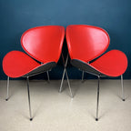 Vintage Red Vinyl Lounge Chairs: Pierre Paulin Style, Mid-Century Modern (Pair)