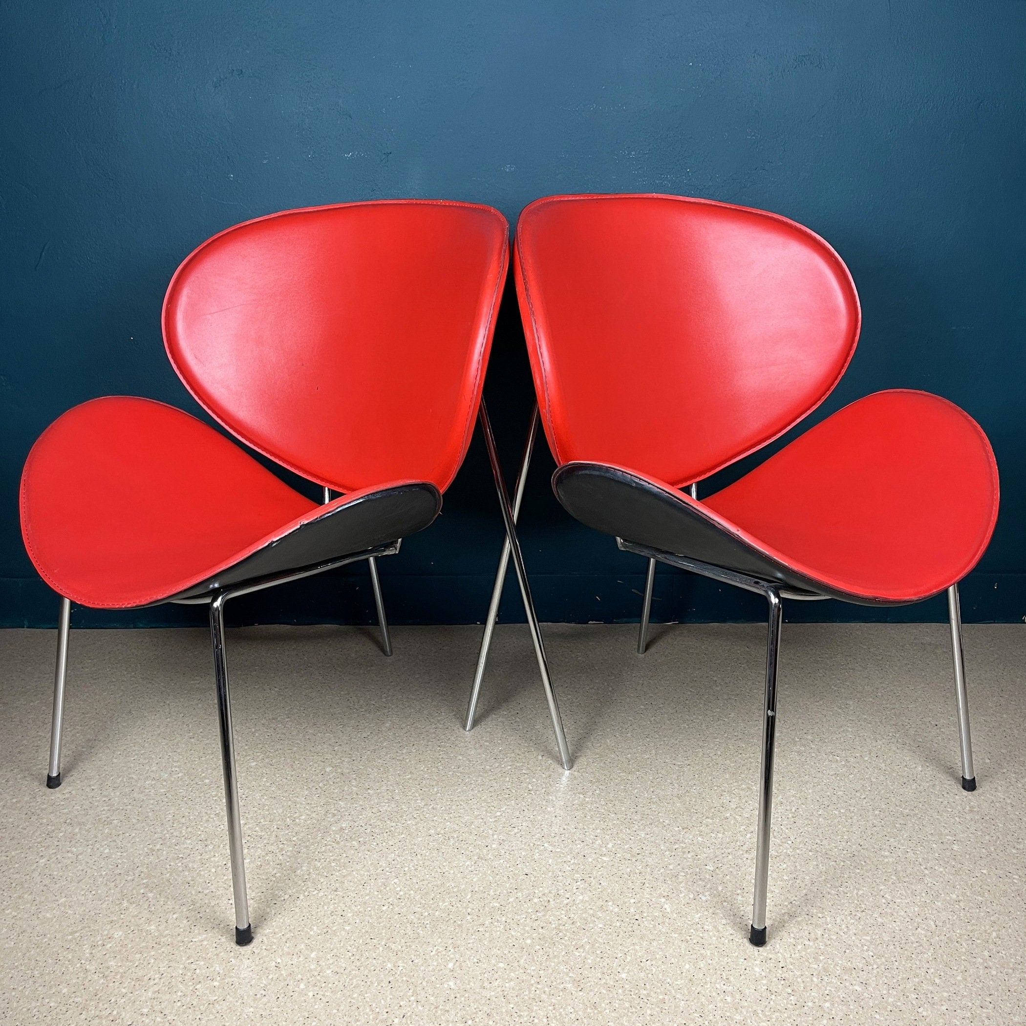 Vintage Red Vinyl Lounge Chairs: Pierre Paulin Style, Mid-Century Modern (Pair)