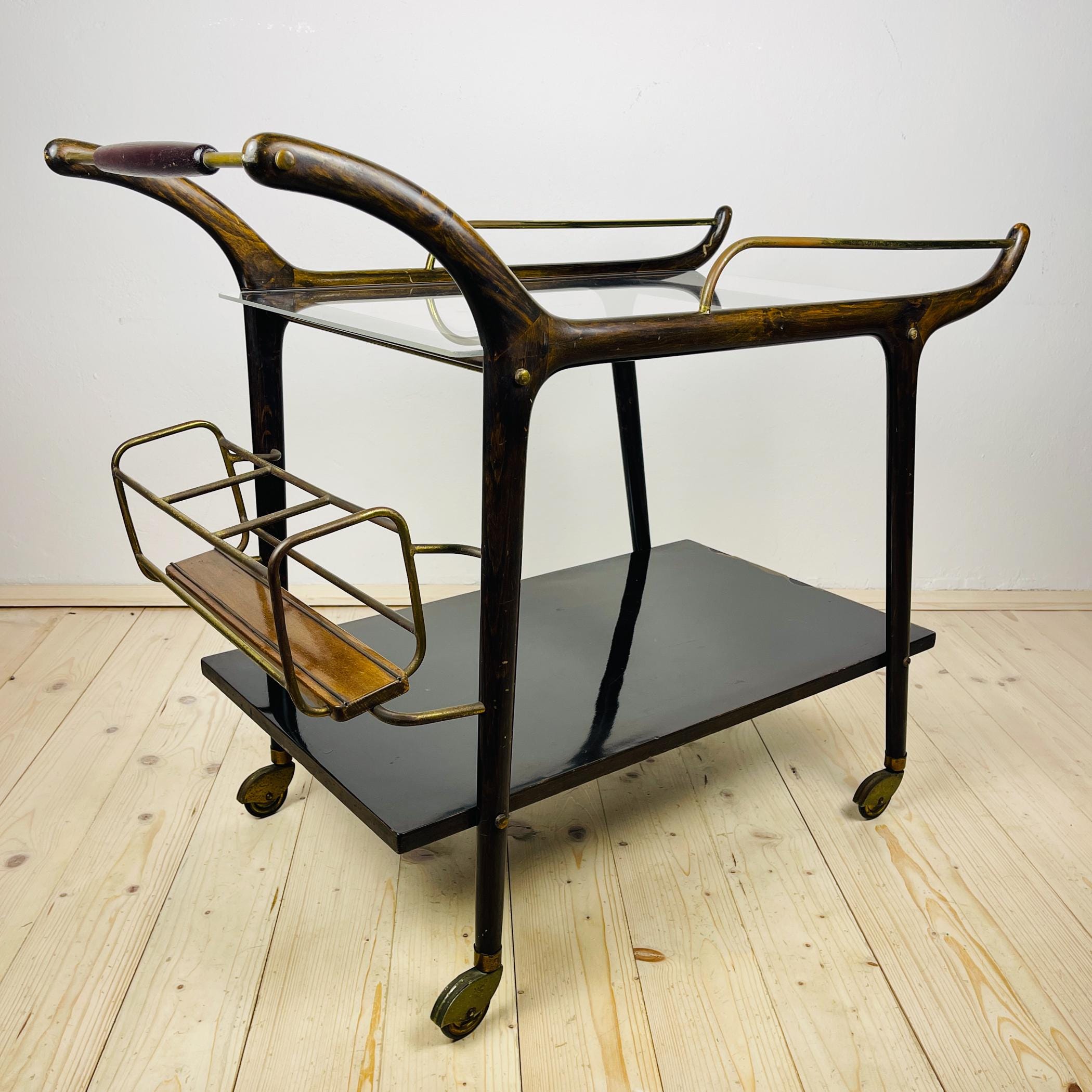 Mid-Century wood bar cart trolley, Italy, 1950s, Vintage Home Decor