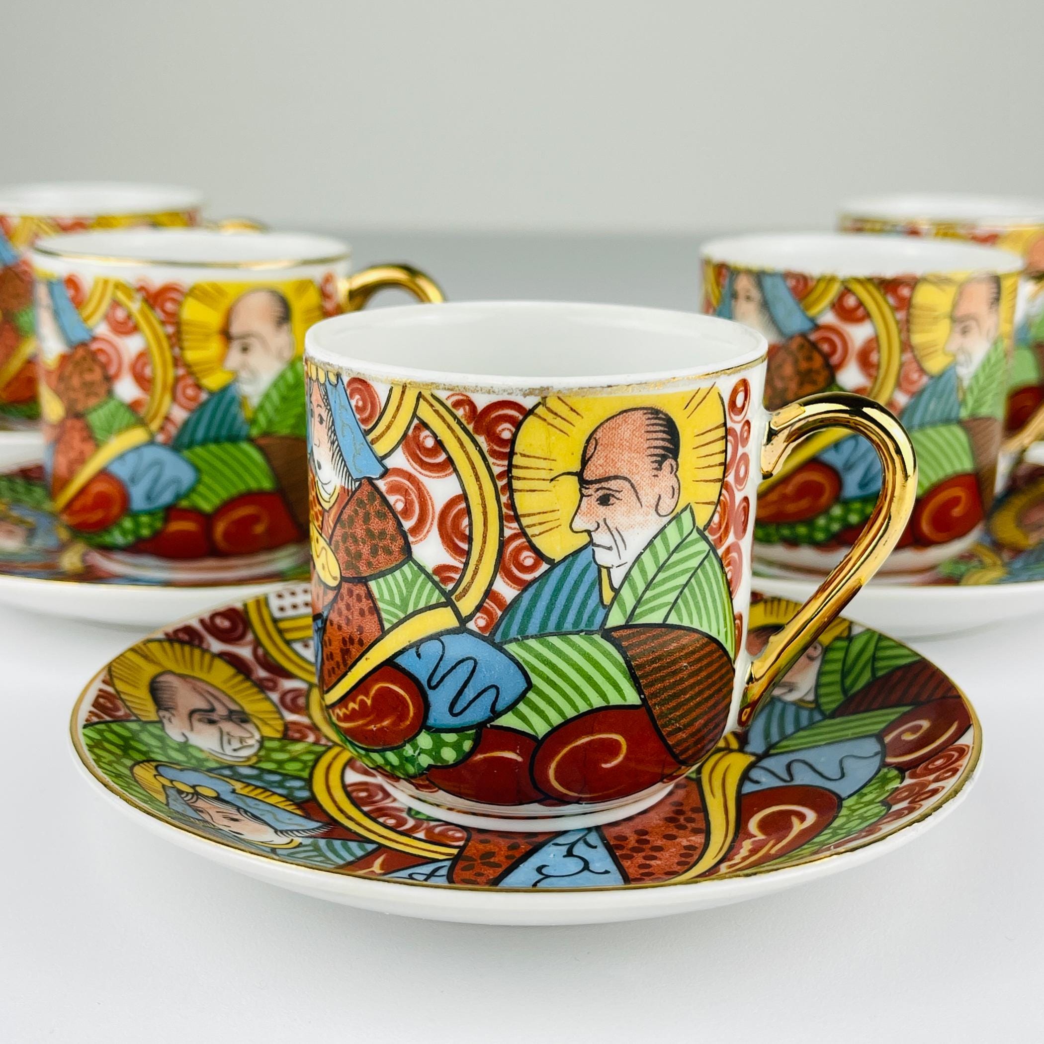 Vintage Japanese Lithophane Geisha porcelain coffee set of 5, 1950s