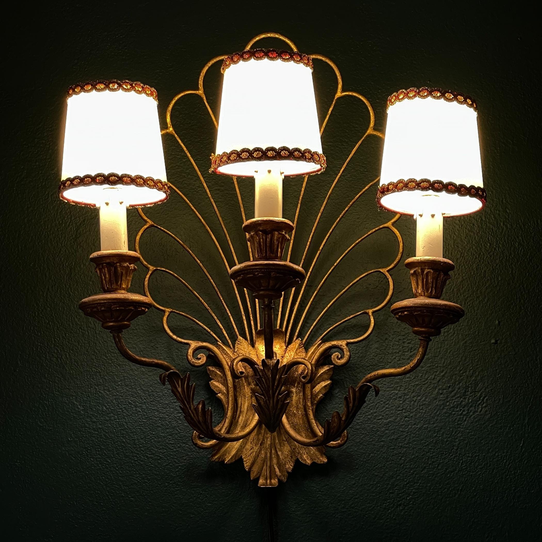 Antique bronze wall lamp 3 arm, Italy 1930s, Vintage home decor