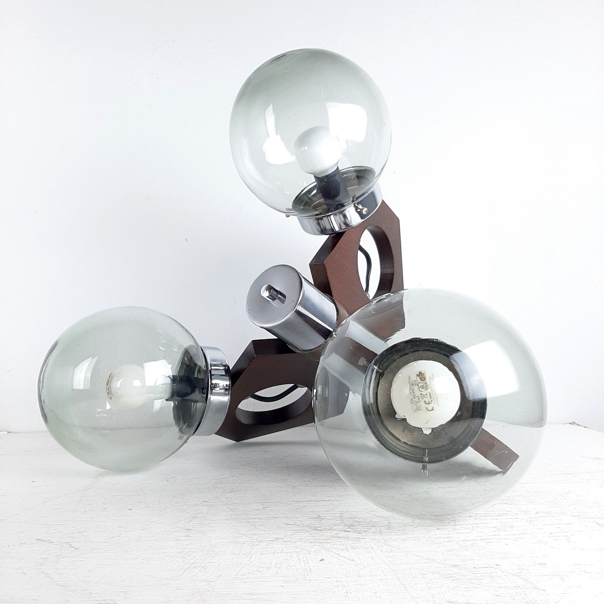 Mid-Century Modern Chandelier: 1970s Yugoslavia Wood, Glass, & Metal 3-Bulb Lamp