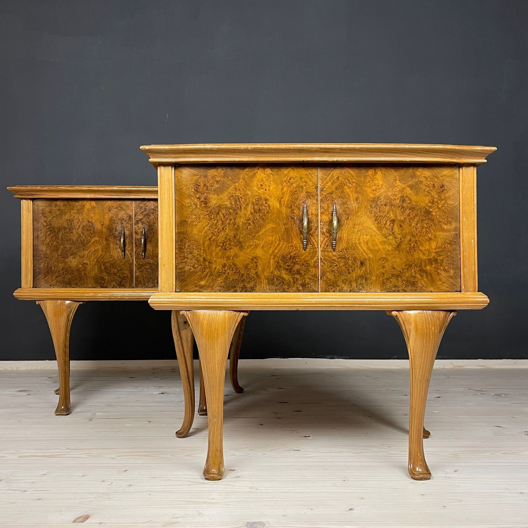 Pair of Vintage wood nightstands Italy 1950s  mid-century wooden bedside table