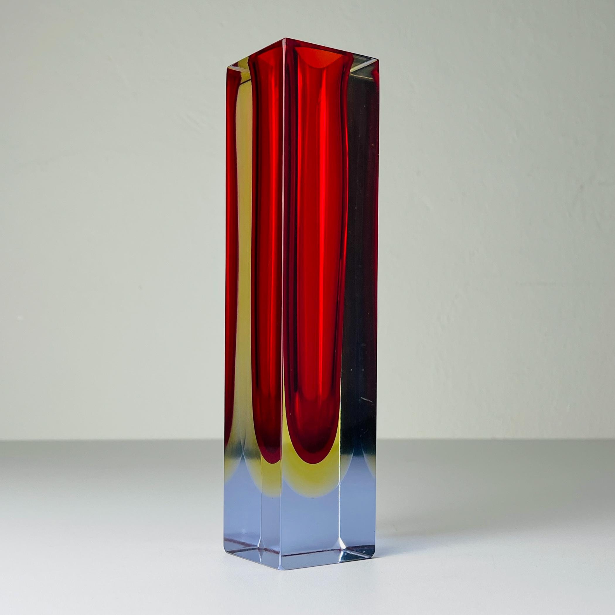 Sommerso red Murano glass vase, style Flavio Poli, Italy 1970s, Vintage home decor