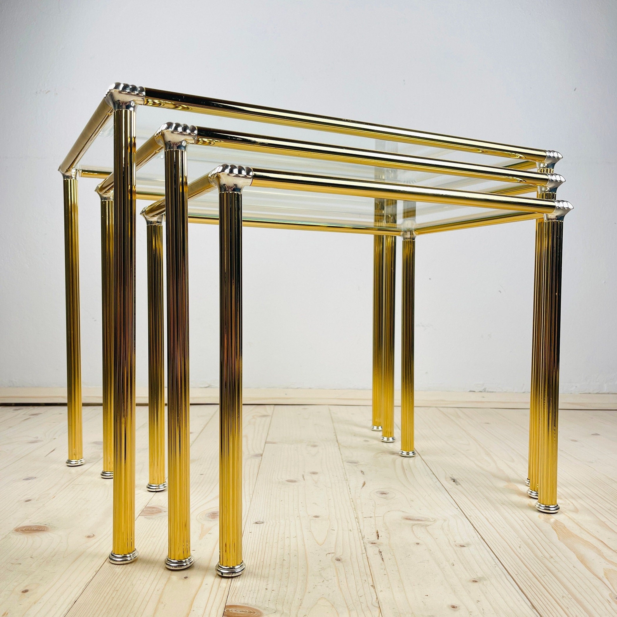 Vintage golden coffee table Italy 1970s Set of 3 Mid-century italian modern furniture