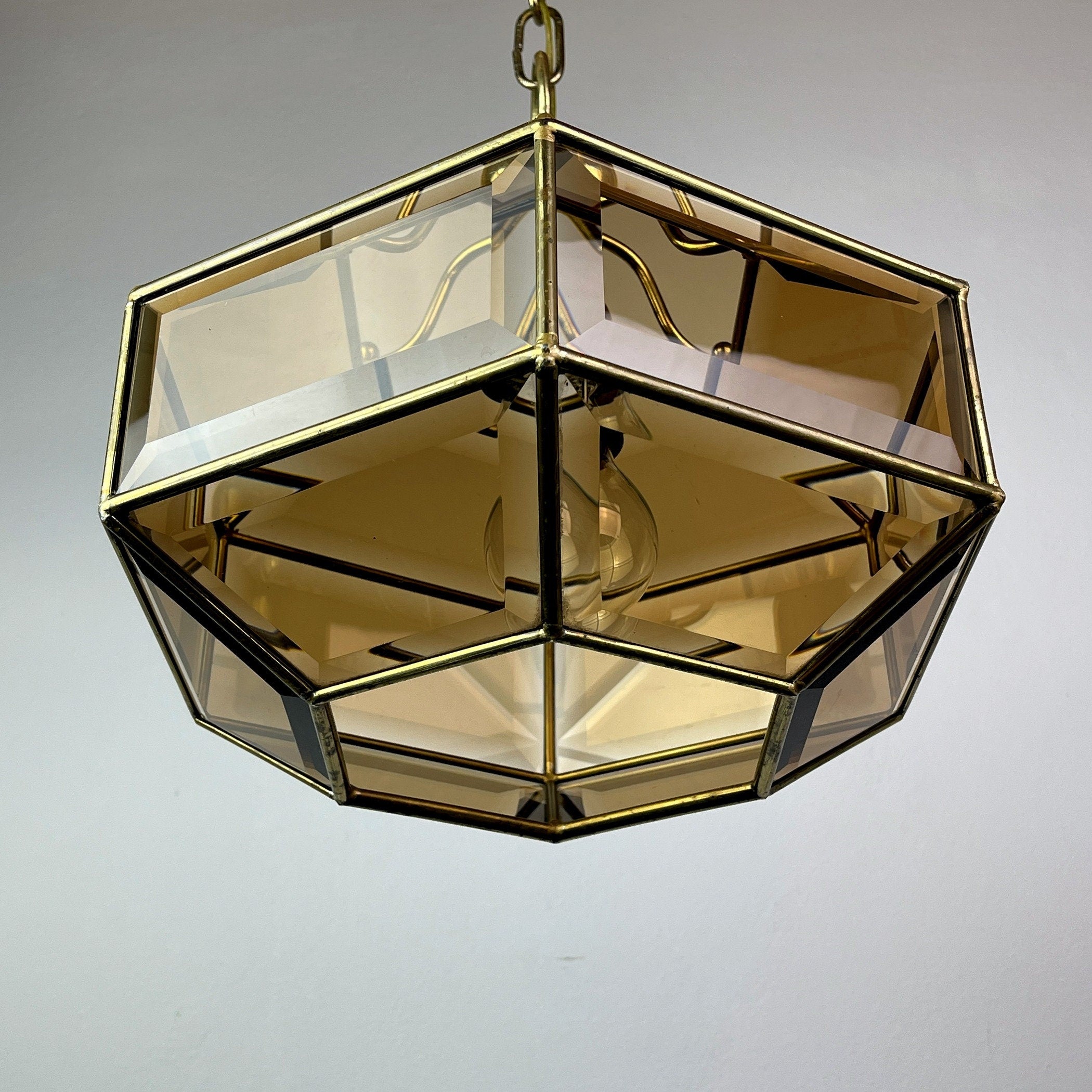 Vintage diamond pendant lamp Italy 1960s Gold brass hex crystal lamp