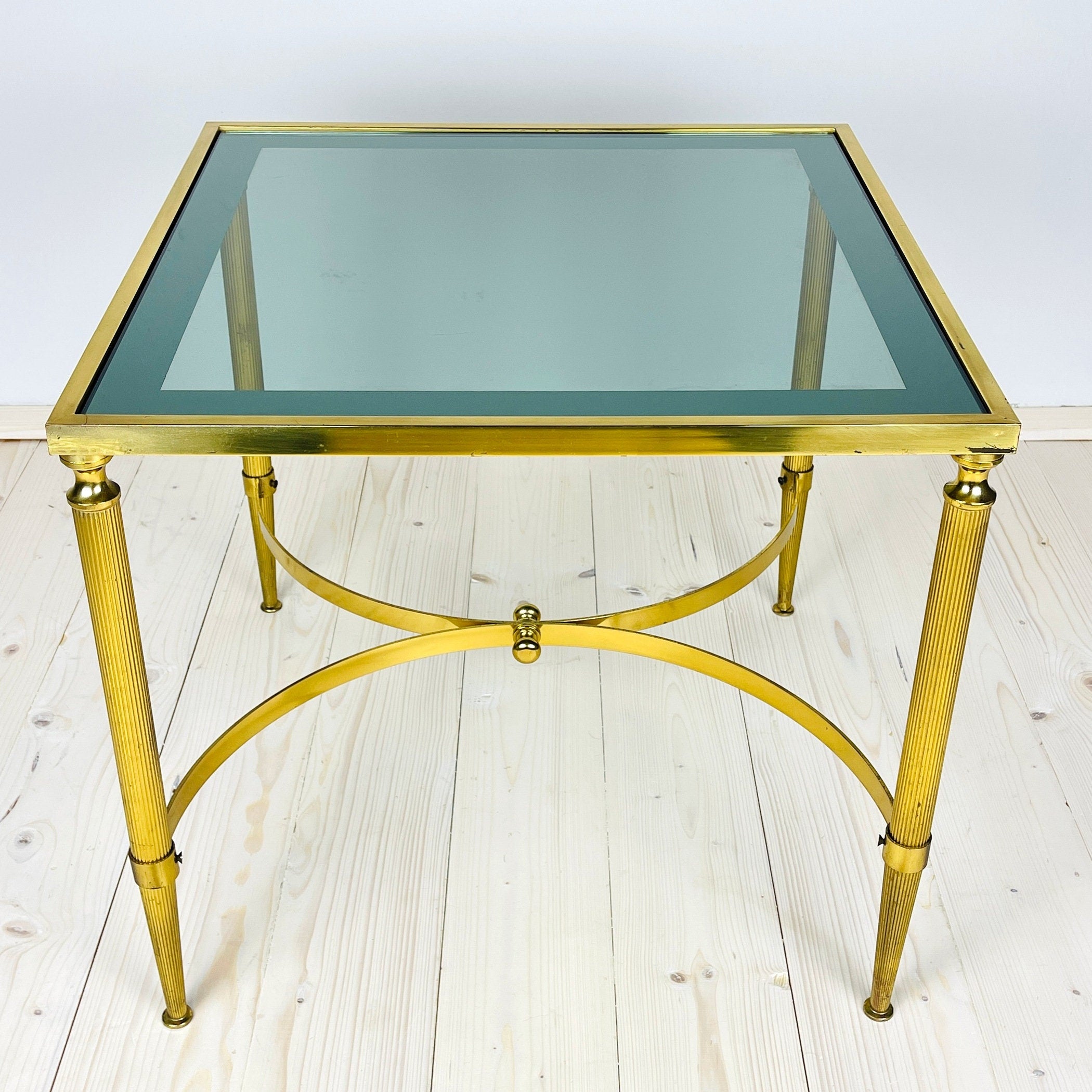 Vintage Smoked Glass & Brass Side Table: Italian Art Deco 1970s